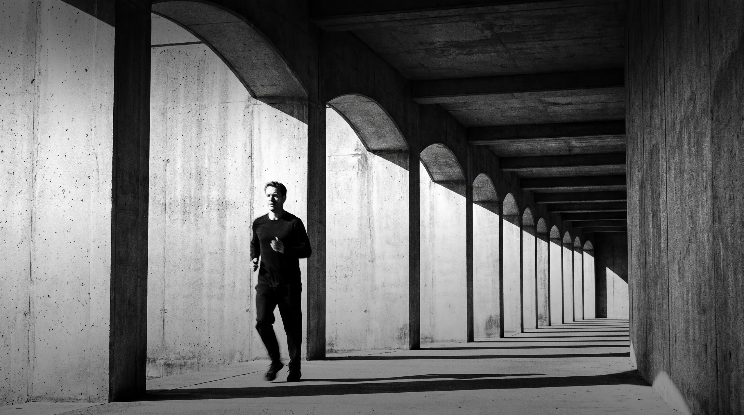 HUMAN STRUCTURES : Un homme court, flou de mouvement visible, à travers une longue colonnade d'arches en béton se répétant en profondeur.