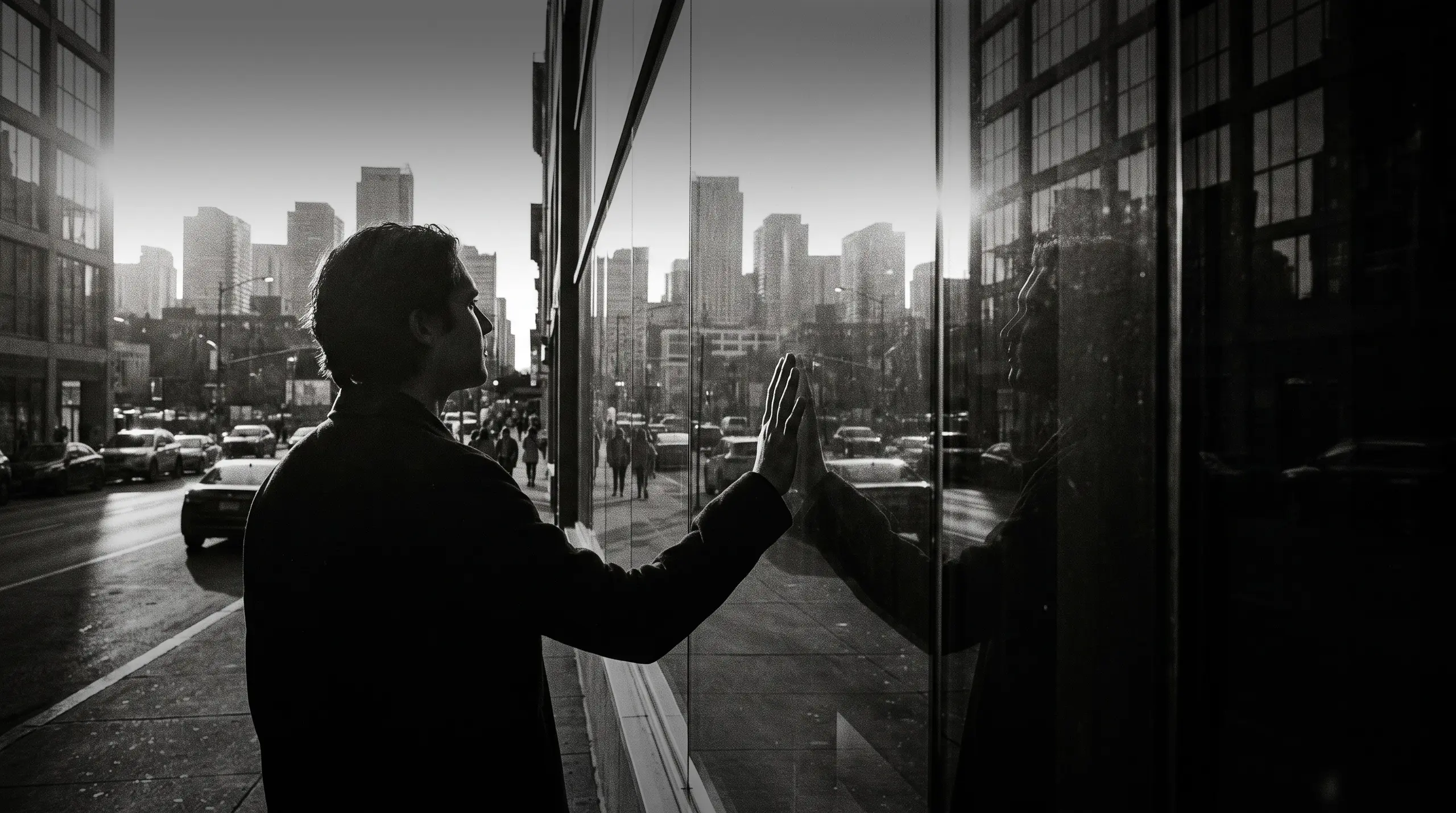 HUMAN STRUCTURES: De profil, un homme pose la main sur une façade vitrée, la rue et les gratte-ciel d'une ville s'y reflétant à contre-jour.