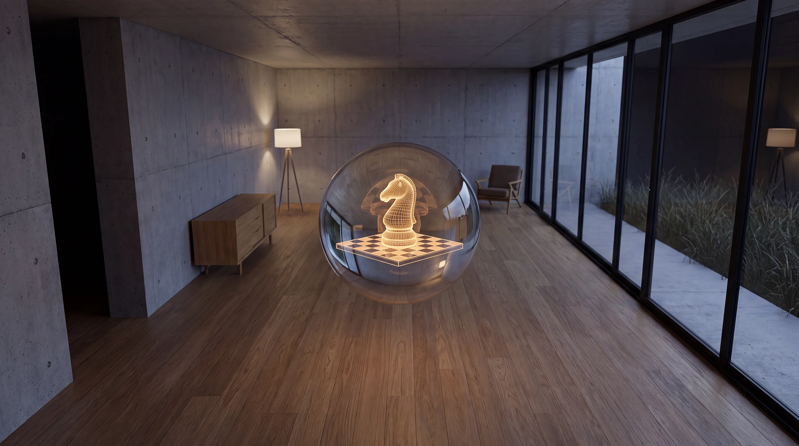 Light hologram: a chess knight standing on a softly glowing chessboard – dim agency interior of exposed concrete and oak.