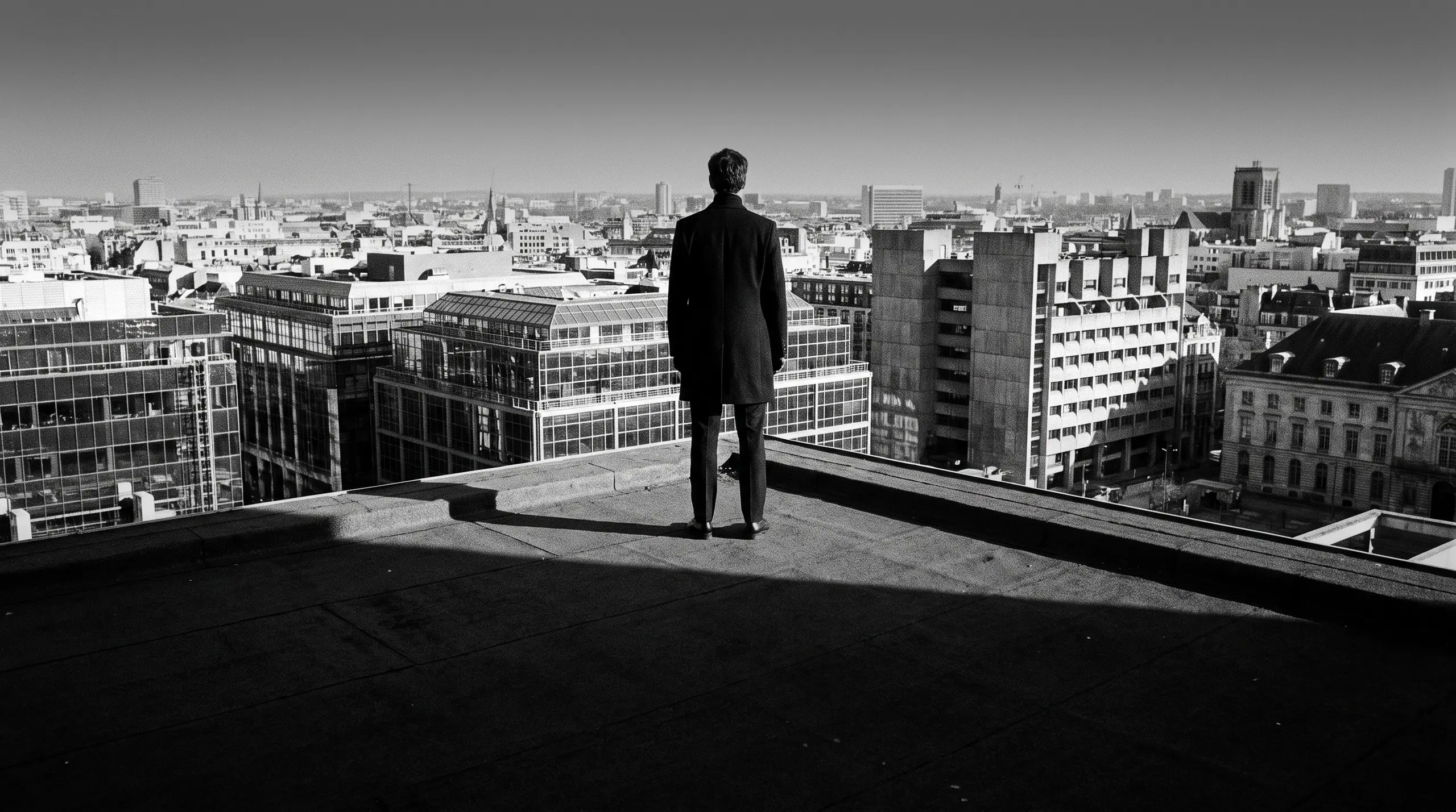 HUMAN STRUCTURES: Vu de dos, un homme se tient au bord d'un toit plat, surplombant une skyline dense de tours et de toits en dôme.