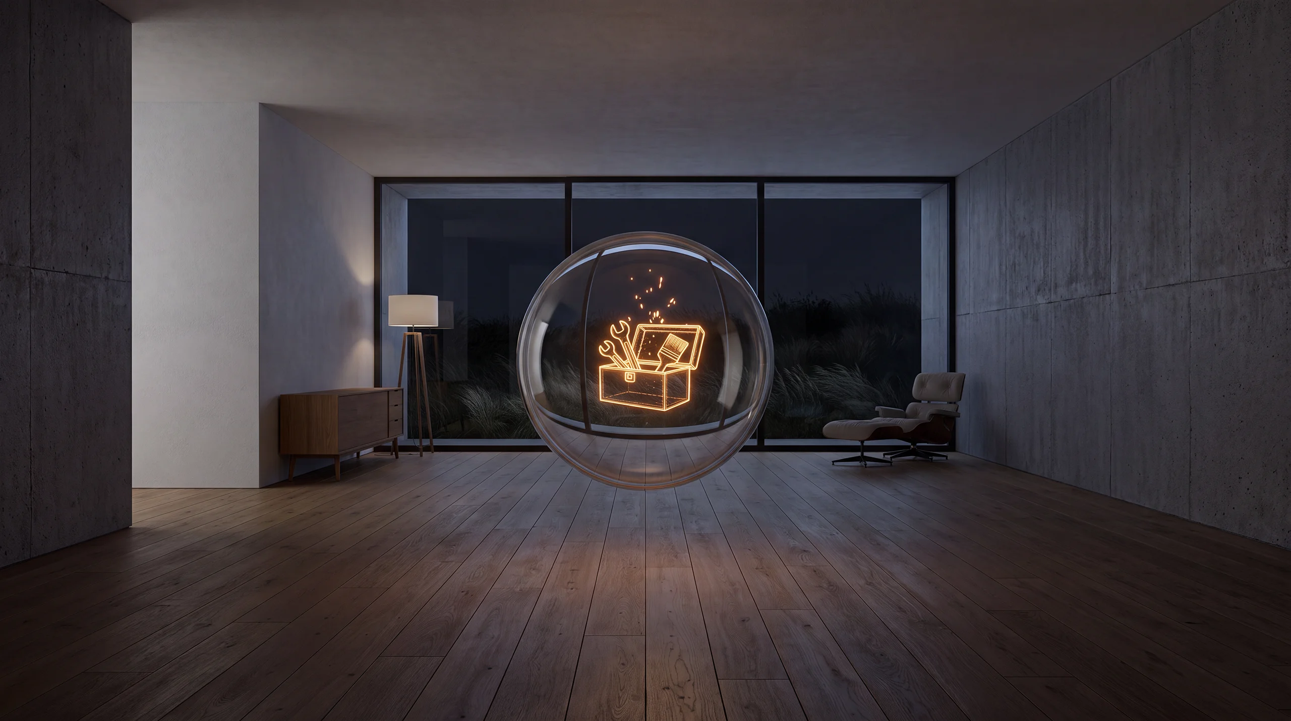 Light hologram: an open toolbox with a wrench, a brush and a rising spark – dim agency interior of exposed concrete and oak.