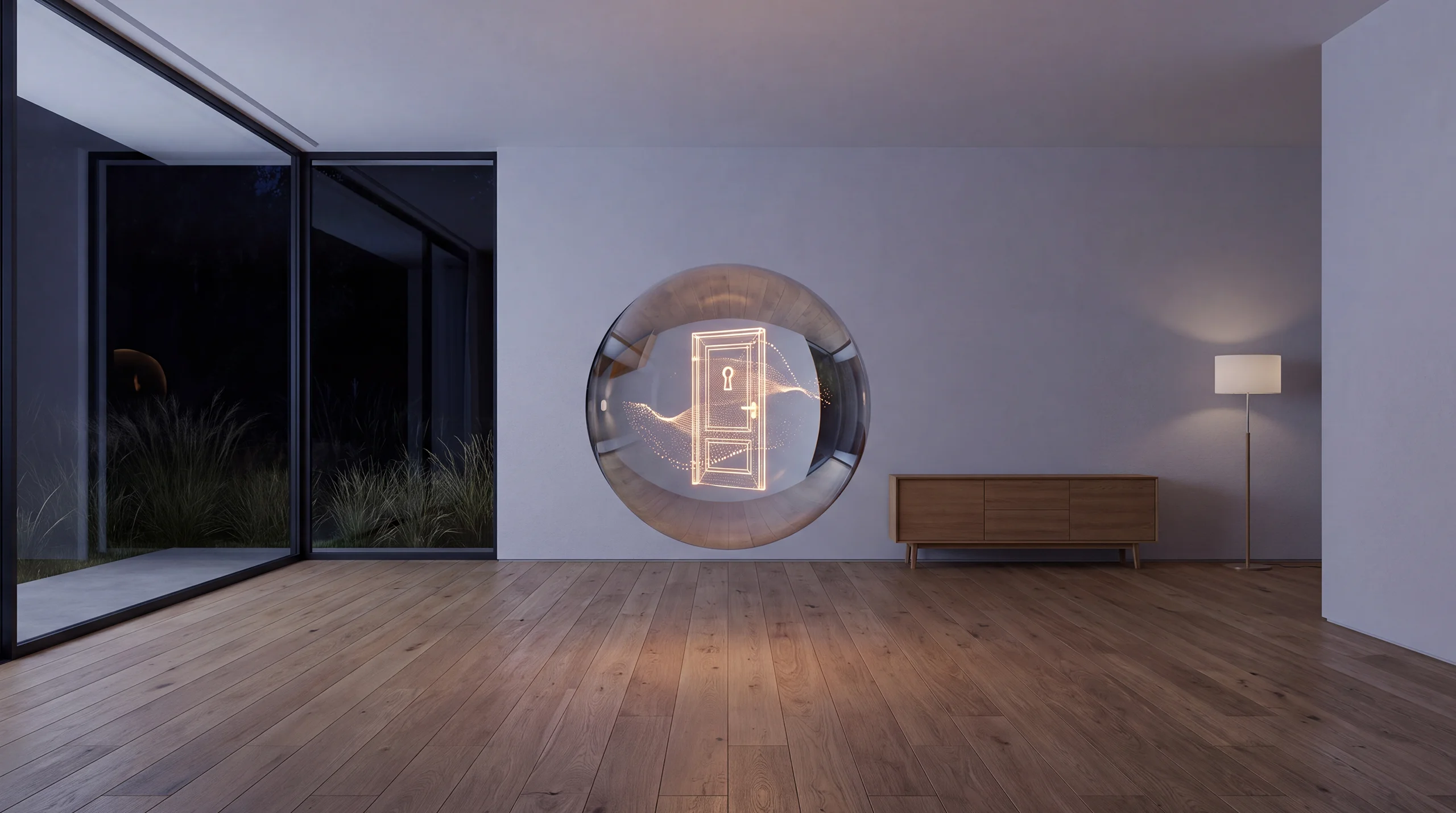 Light hologram: a doorway with a keyhole and a line of glowing dots streaming through – dim agency interior of exposed concrete and oak.