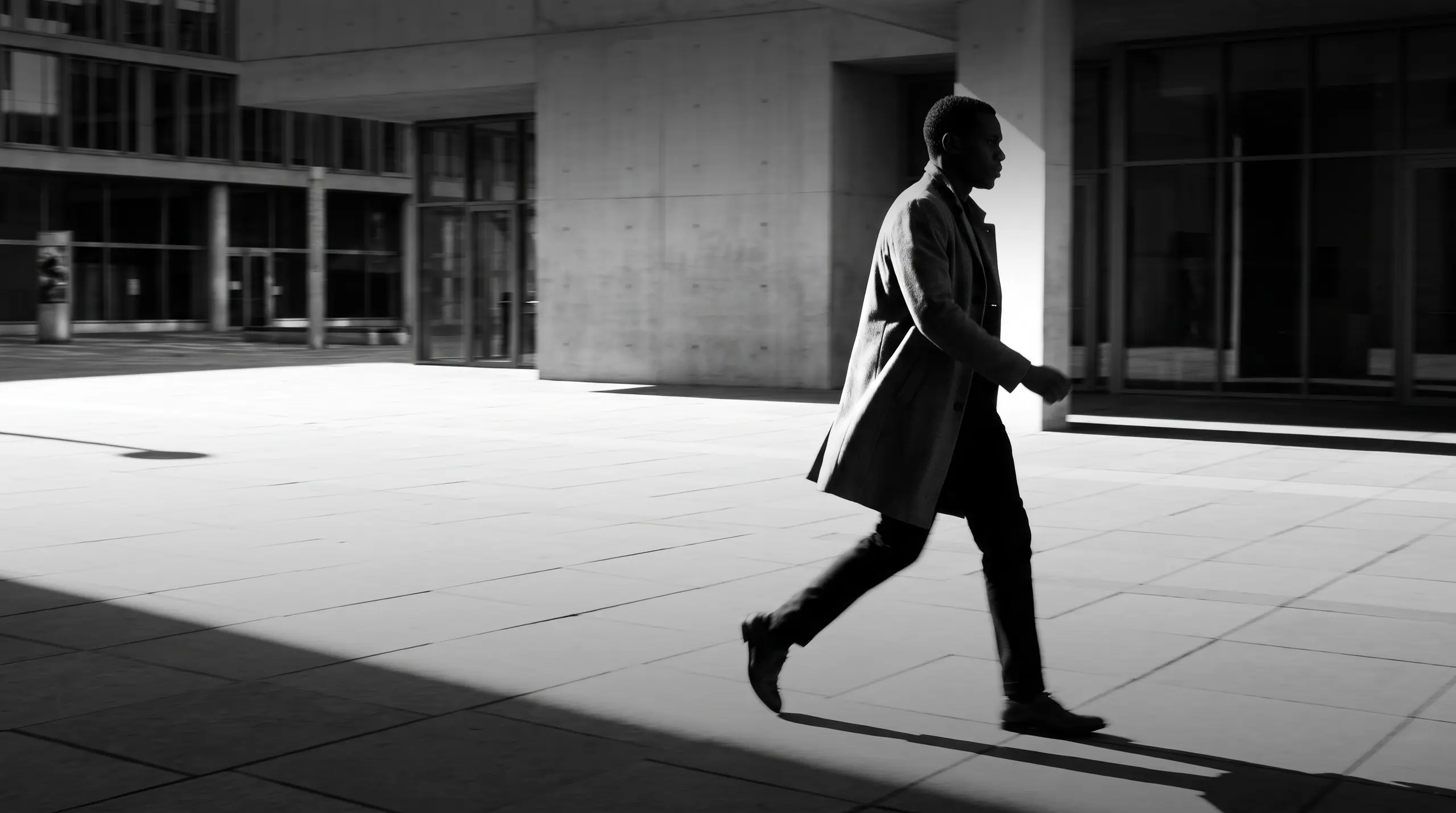 HUMAN STRUCTURES : Un homme se hâte, légèrement flou, sur une place ensoleillée près d'un bâtiment en béton incurvé, silhouette sombre sur le pavé clair.