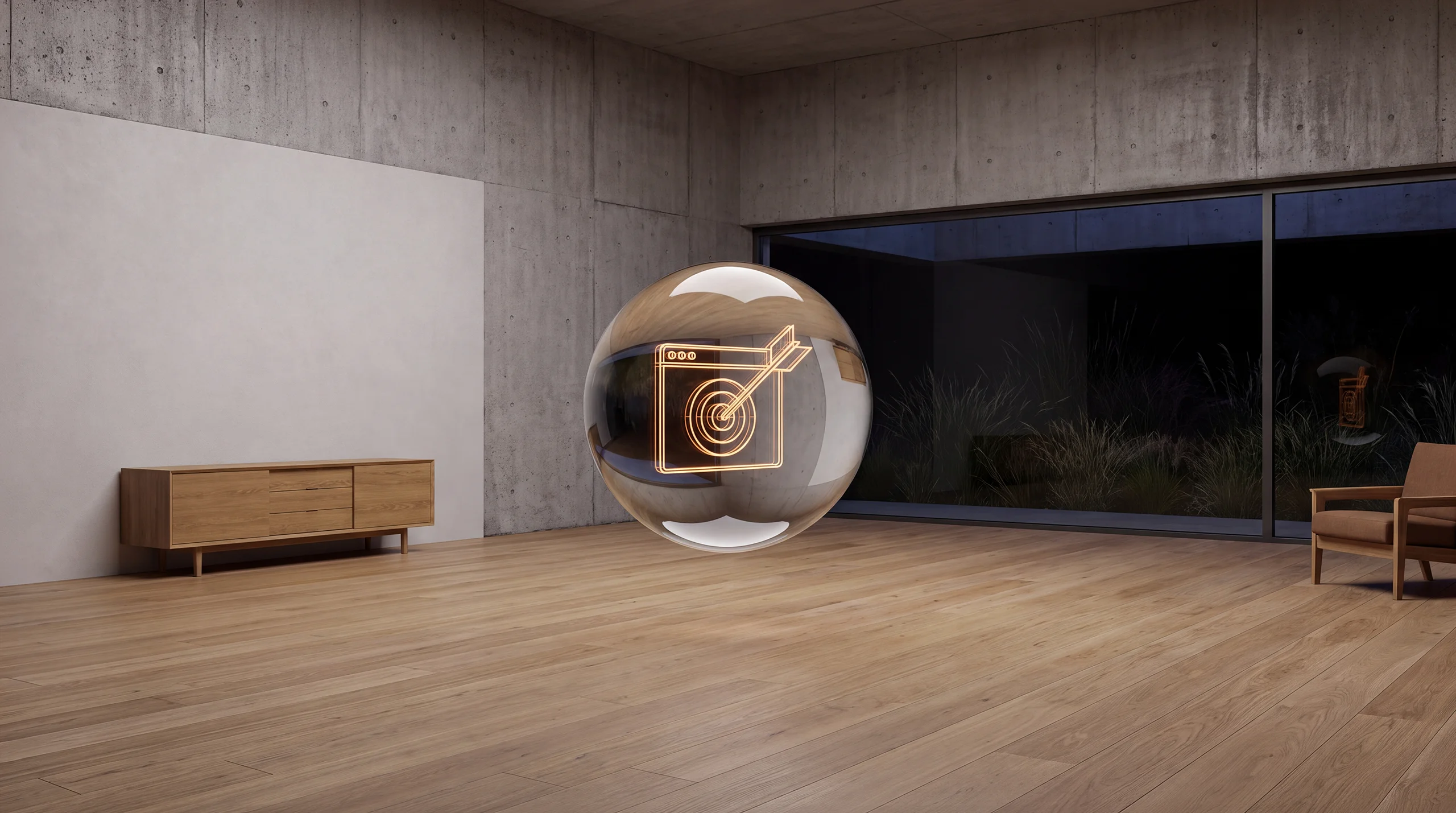 Light hologram: an arrow landing exactly on a bullseye on a browser window – dim agency interior of exposed concrete and oak.