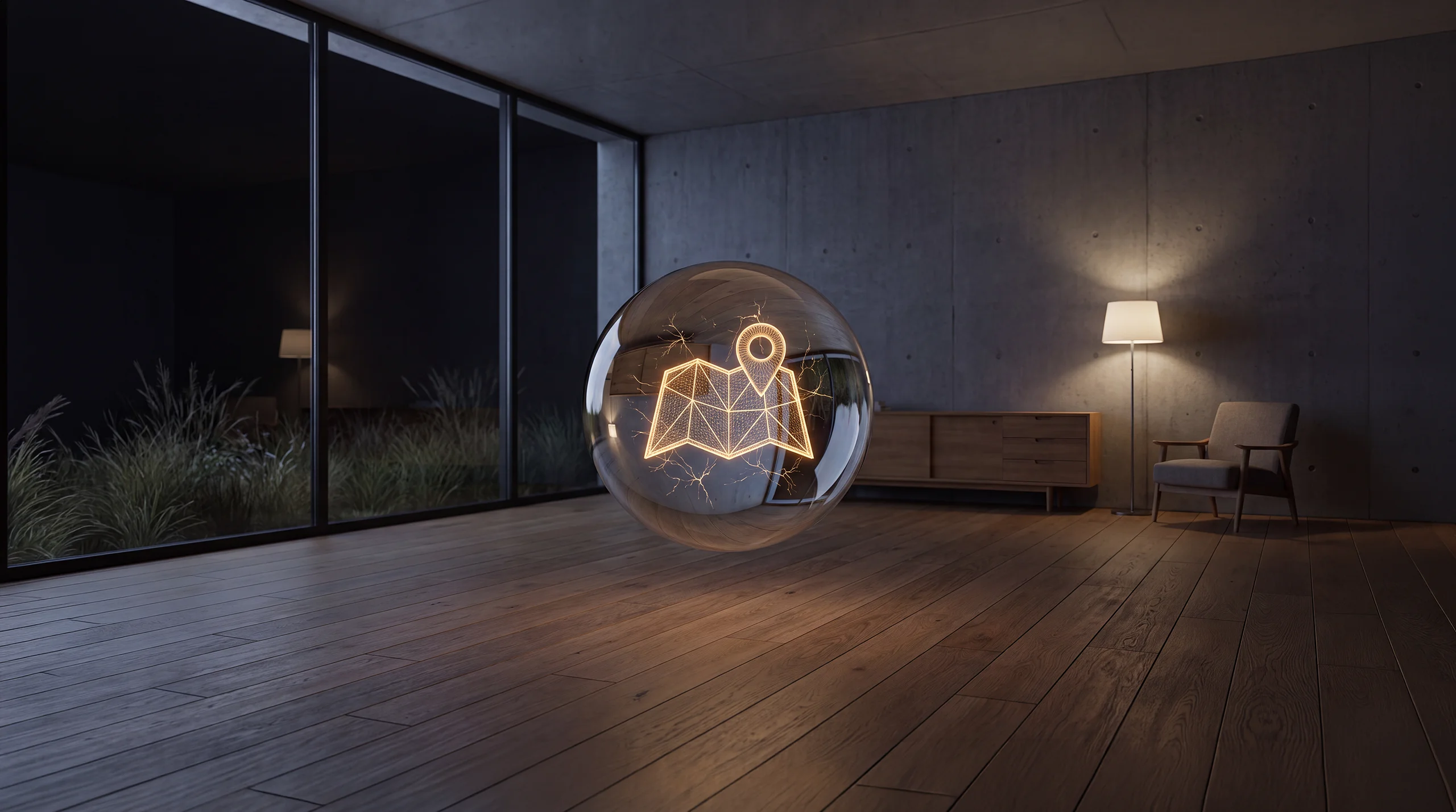 Light hologram: a folded map with a bright pin and a tiny neural sparkle above it – dim agency interior of exposed concrete and oak.