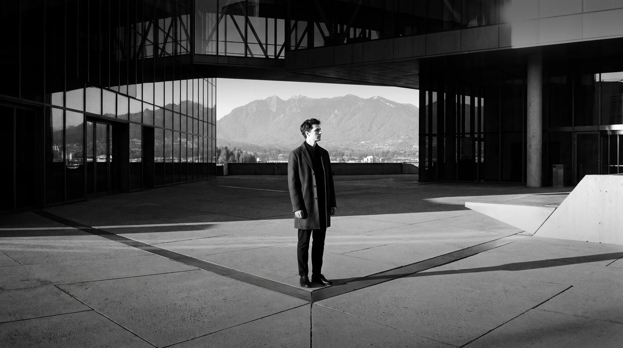 HUMAN STRUCTURES: Un homme en manteau se tient à l'angle d'une terrasse, des montagnes enneigées visibles derrière la façade vitrée.
