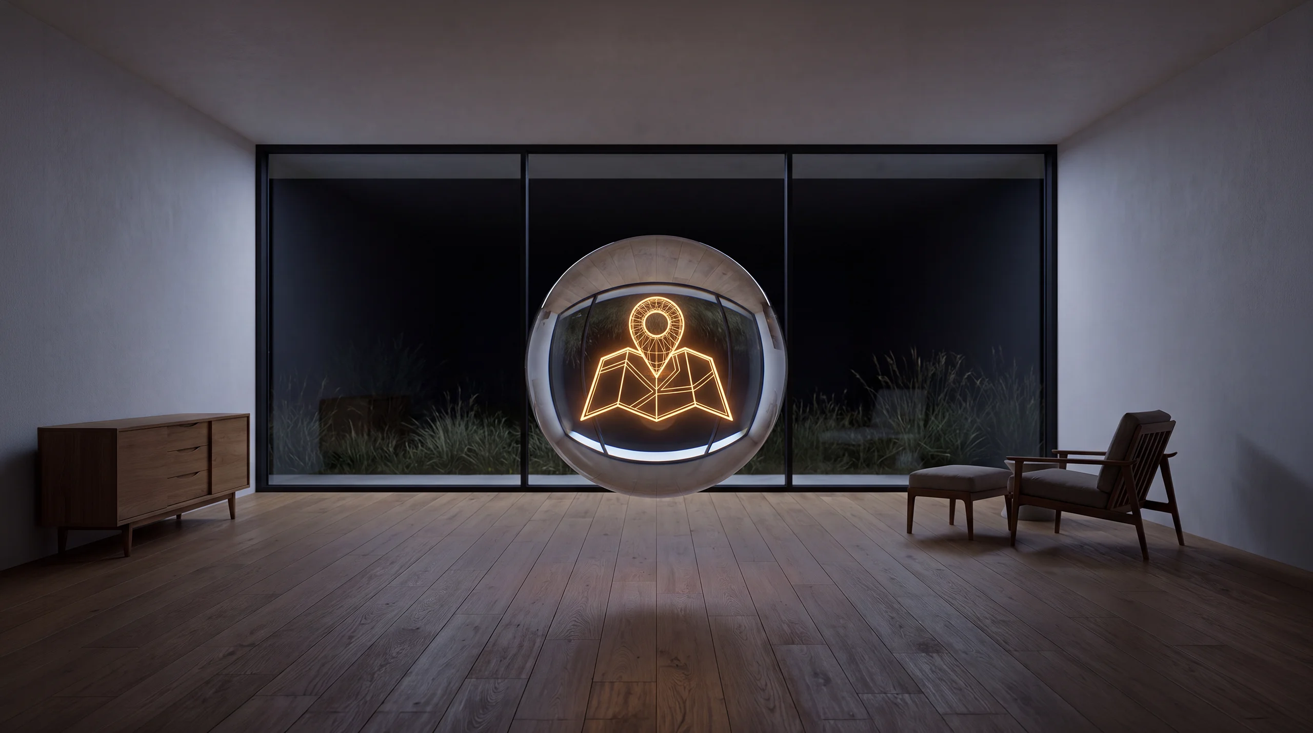 Light hologram: a folded map drawn in light lines with one bright location pin near its centre – dim agency interior of exposed concrete and oak.