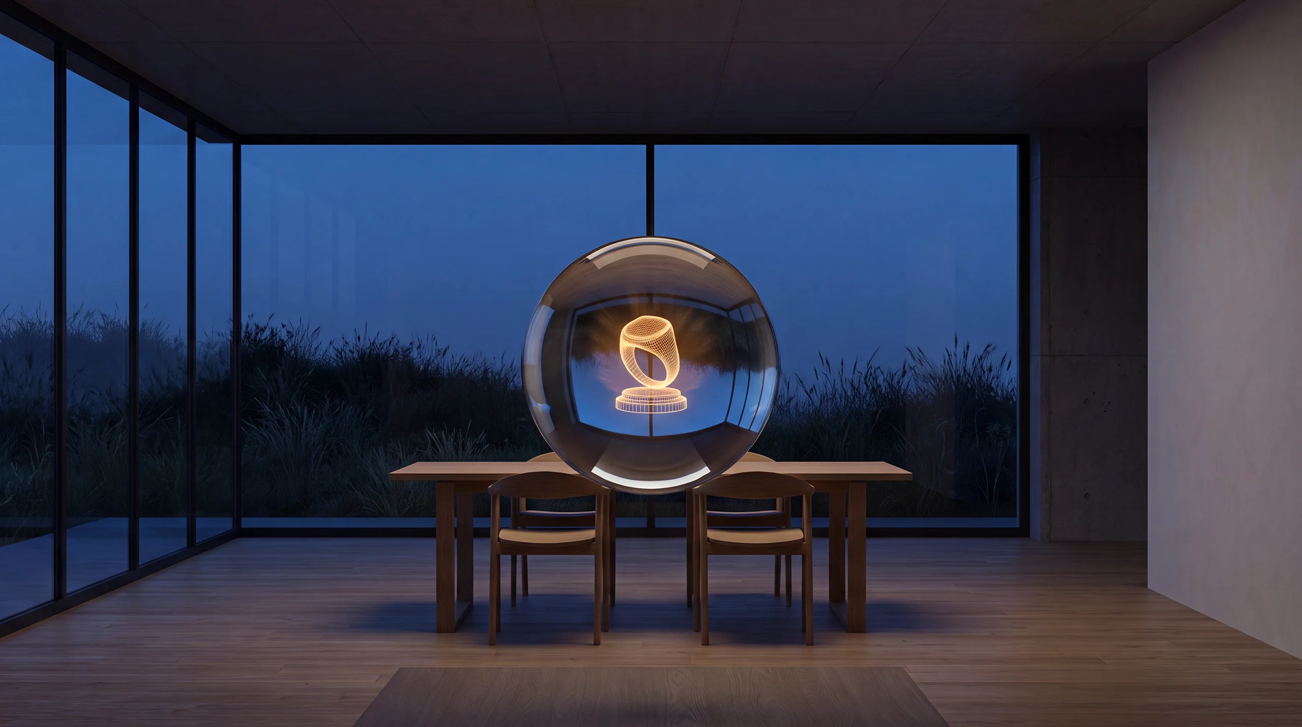 Light hologram: one clean, simple emblem presented on a plinth with soft rays around it – dim agency interior of exposed concrete and oak.