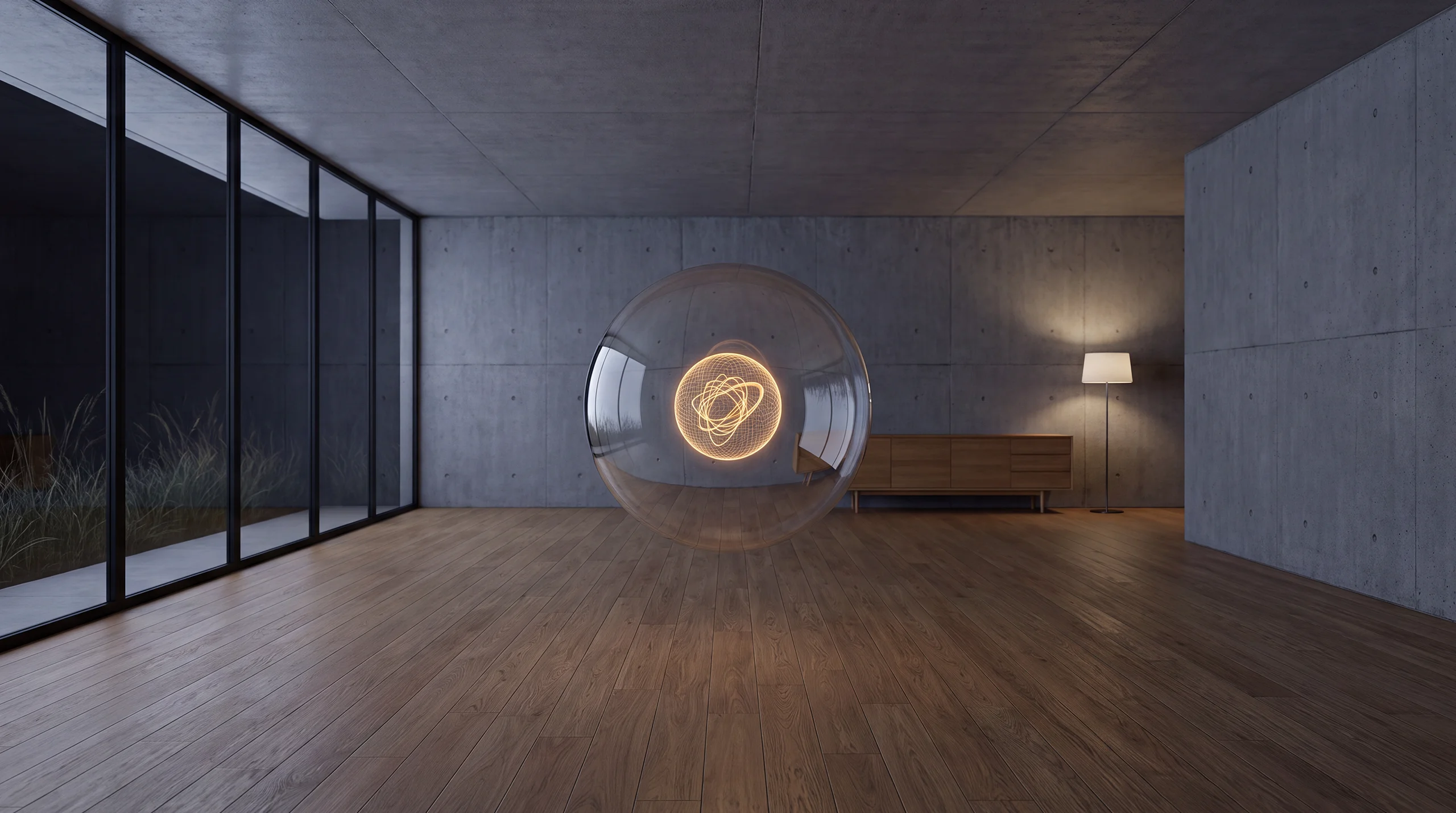 Light hologram: a tangled scribble refining step by step into one clean emblem – dim agency interior of exposed concrete and oak.