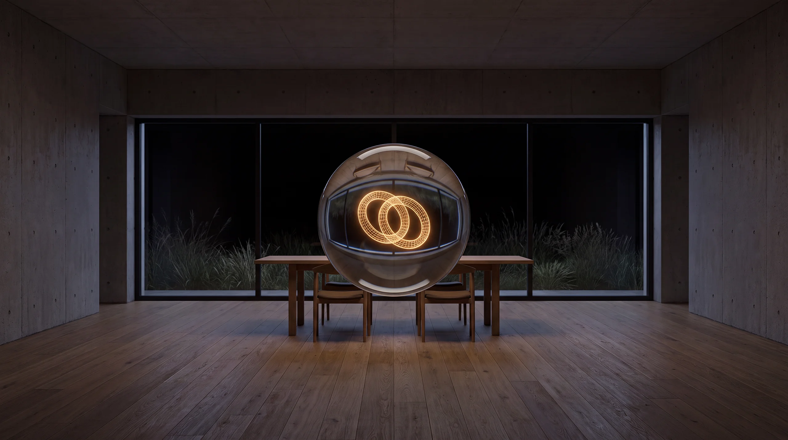 Light hologram: two firmly interlocked rings – dim agency interior of exposed concrete and oak.