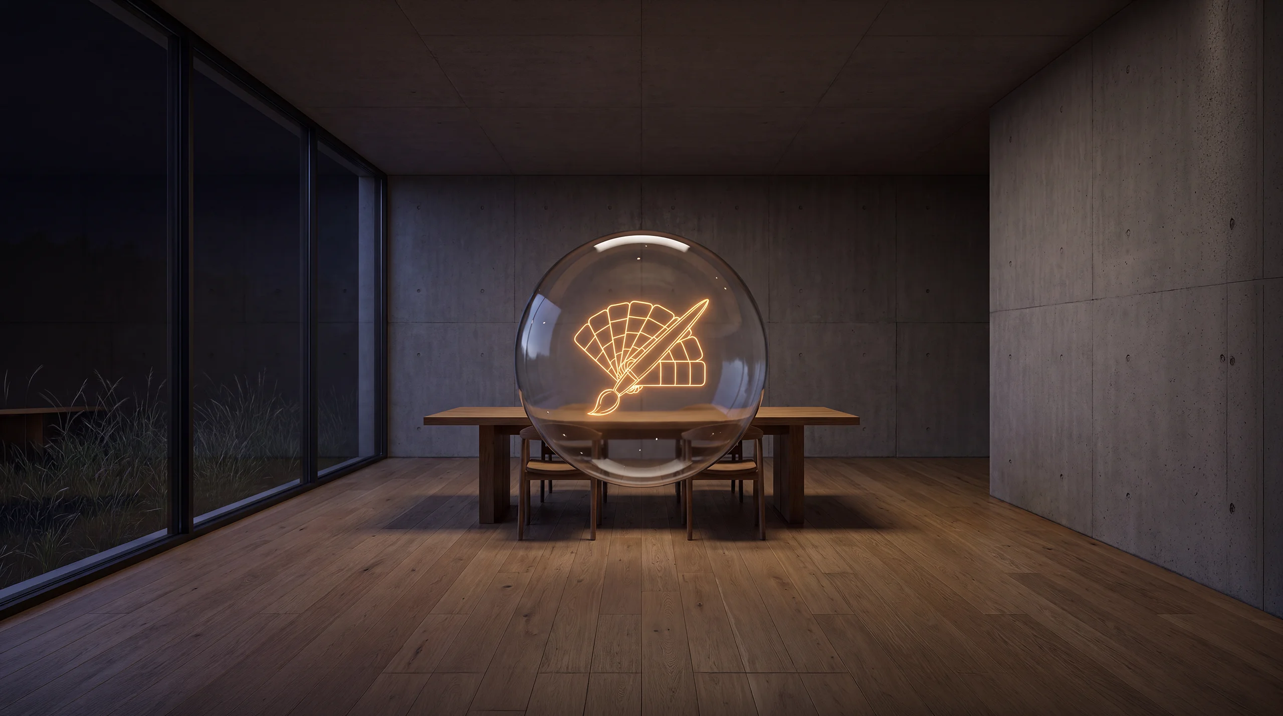 Light hologram: a fan of colour swatches crossed by a glowing brush stroke – dim agency interior of exposed concrete and oak.