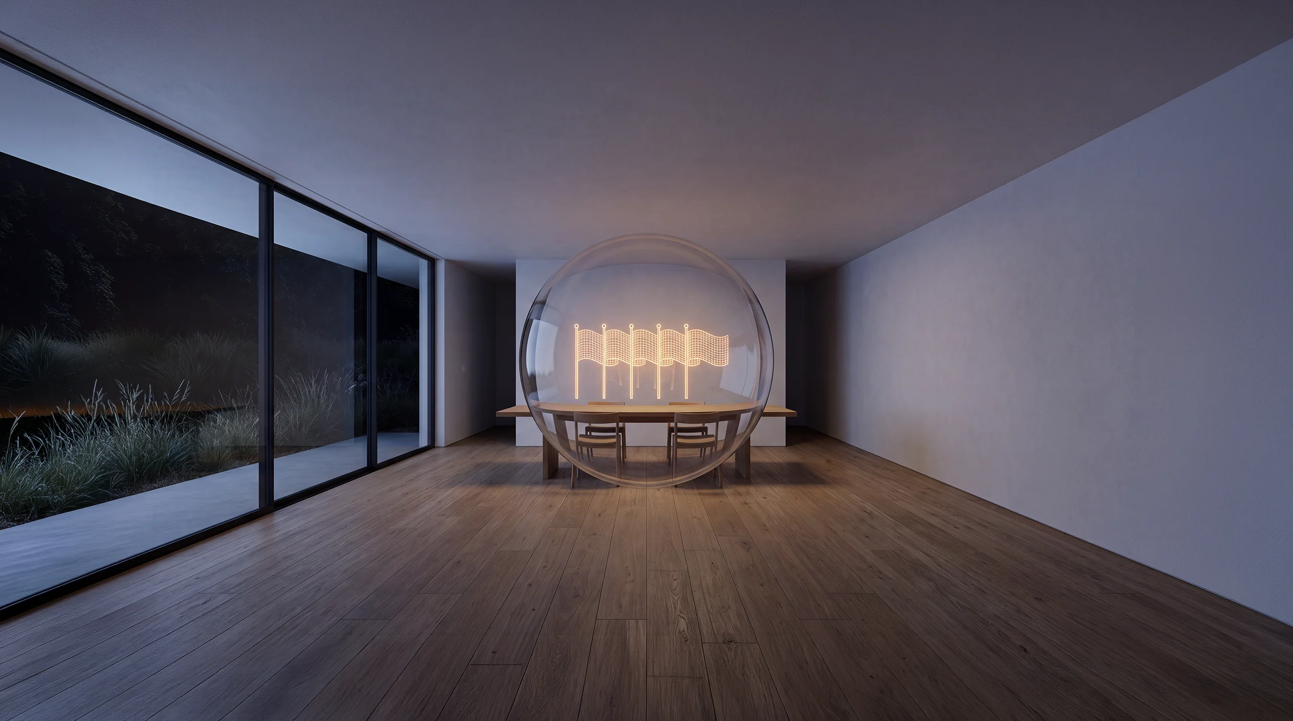 Light hologram: a row of five identical, equally glowing flags – dim agency interior of exposed concrete and oak.