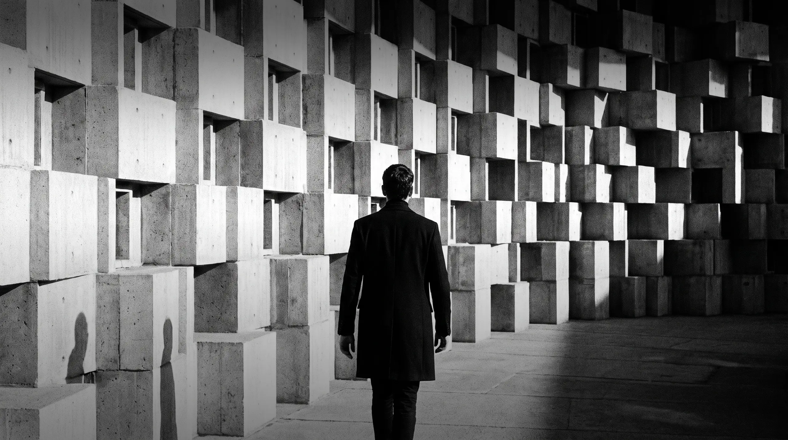HUMAN STRUCTURES: Un homme en manteau sombre, vu de dos, traverse un passage de cubes de béton décalés percés de profondes ouvertures.