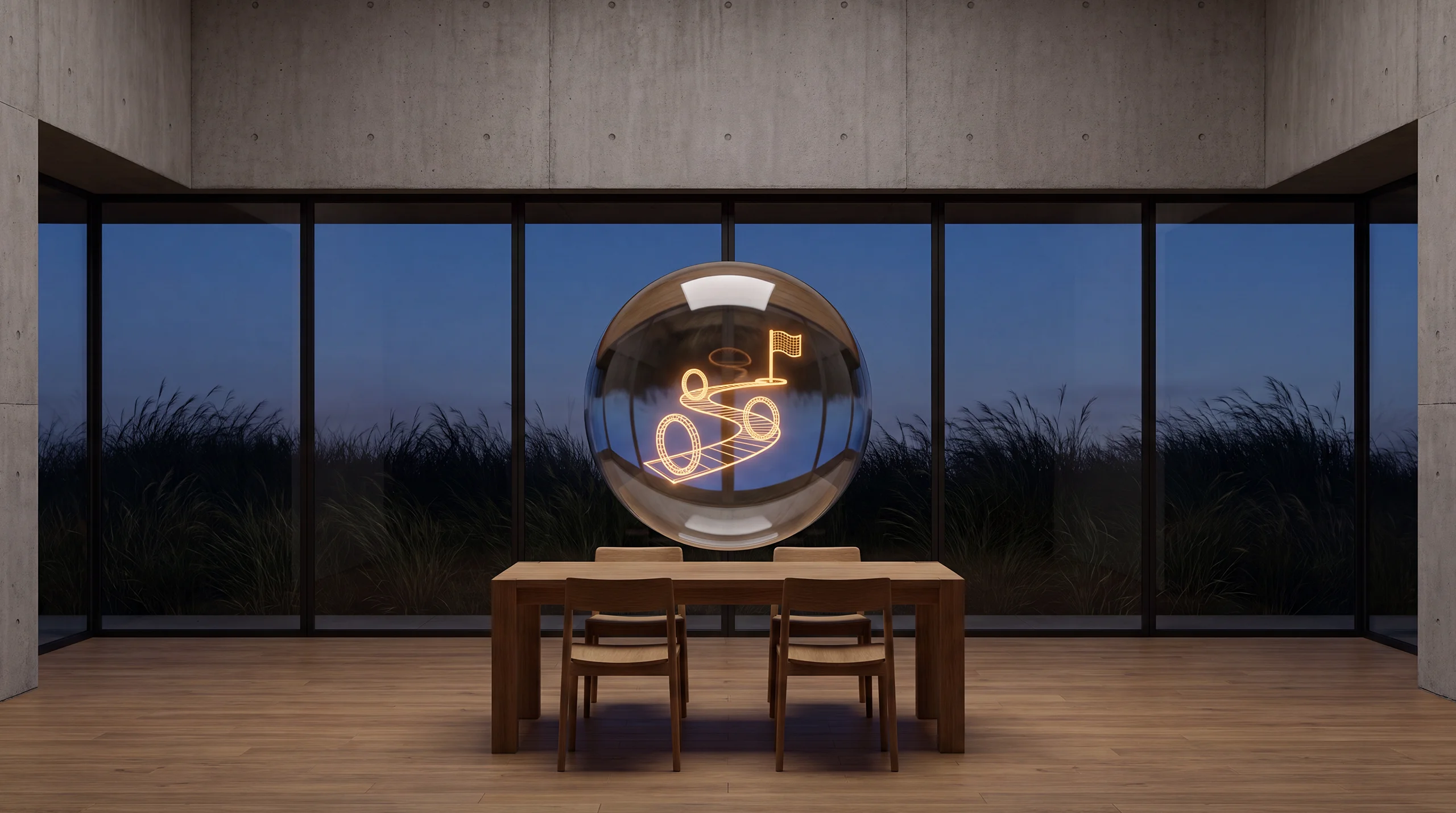 Light hologram: a winding path passing through three rings and ending at a planted flag – dim agency interior of exposed concrete and oak.