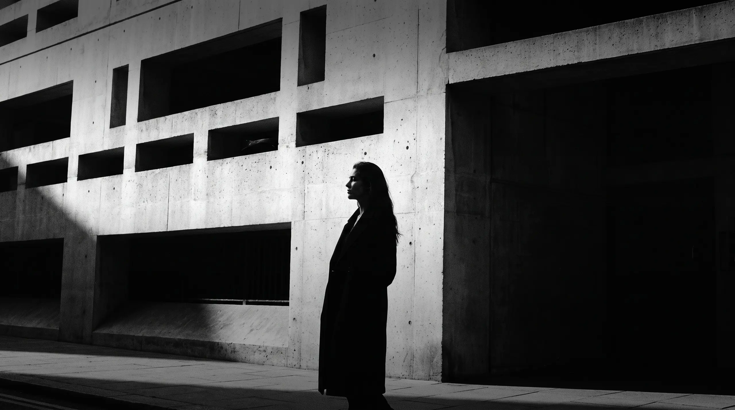 HUMAN STRUCTURES : La silhouette d'une femme aux cheveux longs se tient de profil devant une façade en béton percée de fenêtres rectangulaires, nettement divisée entre lumière et ombre.