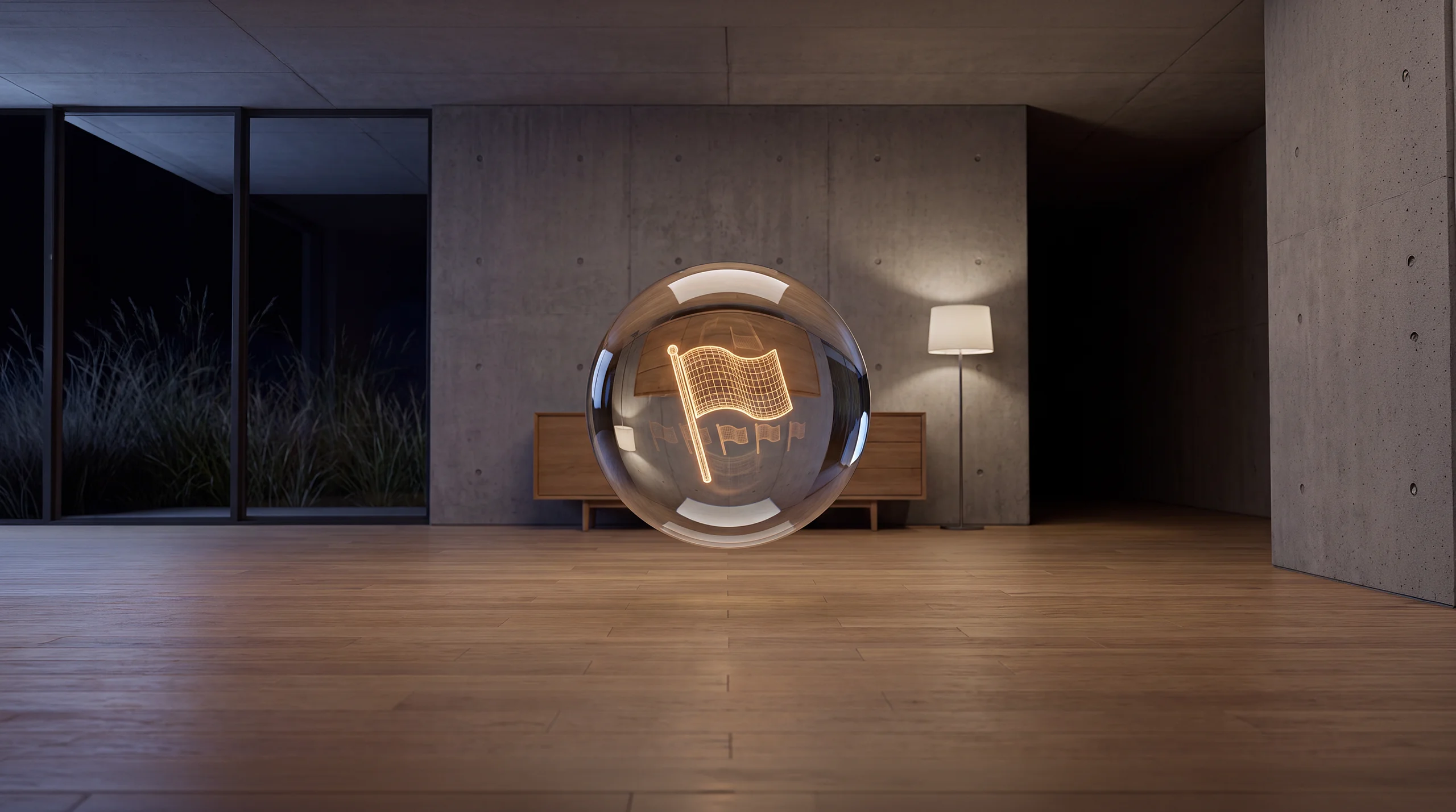 Light hologram: one bright flag planted clearly apart from a row of dim flags – dim agency interior of exposed concrete and oak.