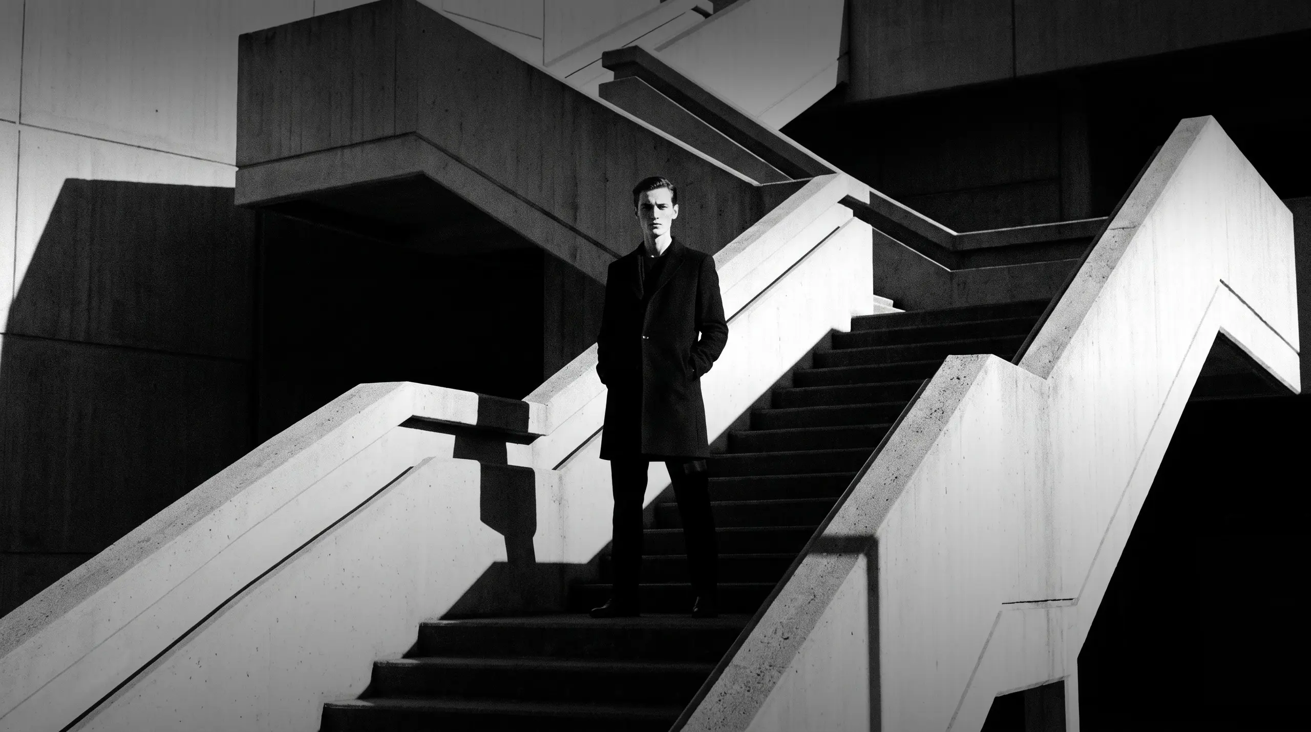 HUMAN STRUCTURES : Un homme se tient sur un escalier en béton anguleux d'un bâtiment brutaliste, regardant directement l'objectif, entouré de formes géométriques nettes.