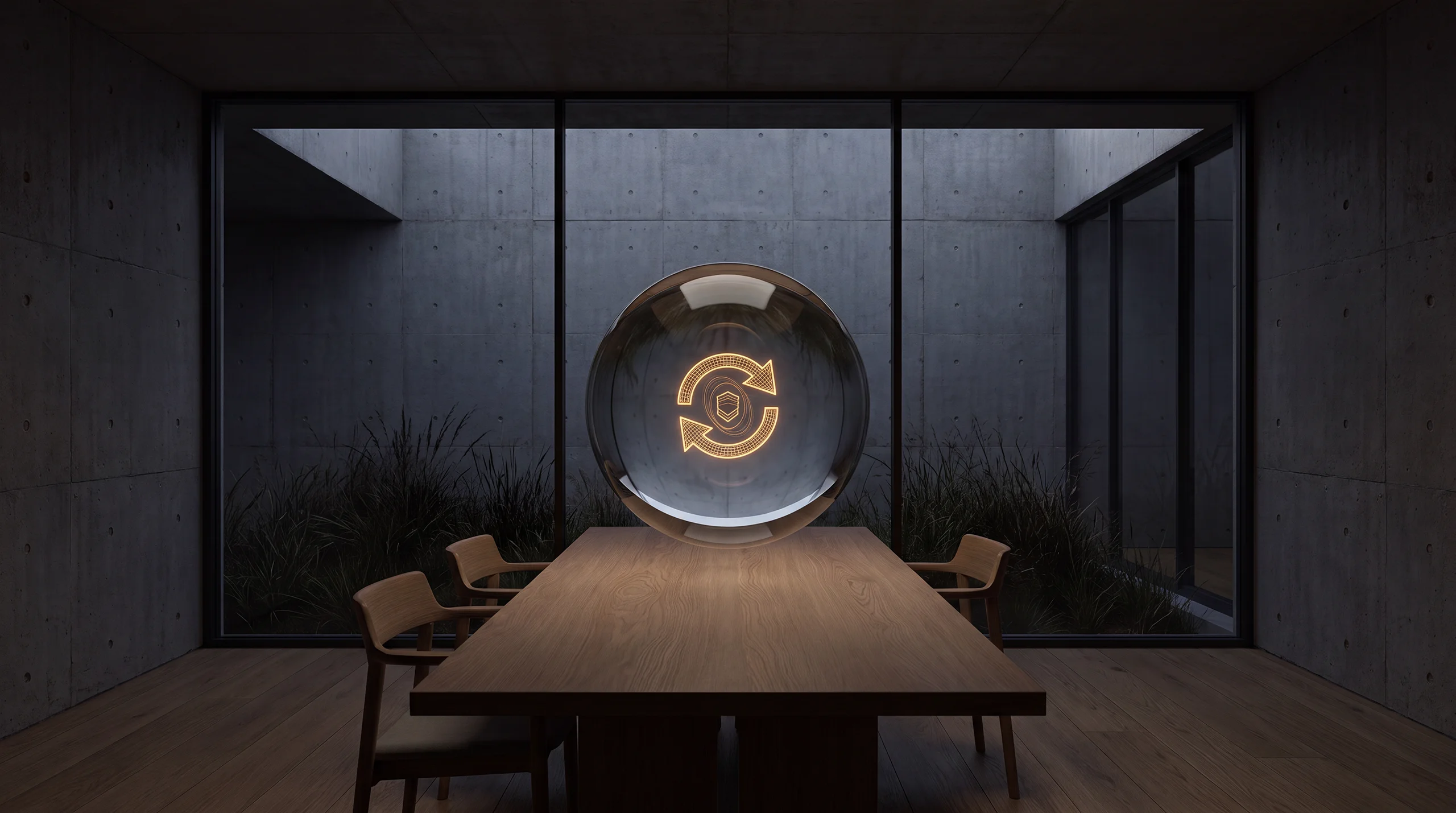 Light hologram: two arrows circling a bright, unchanging emblem – dim agency interior of exposed concrete and oak.