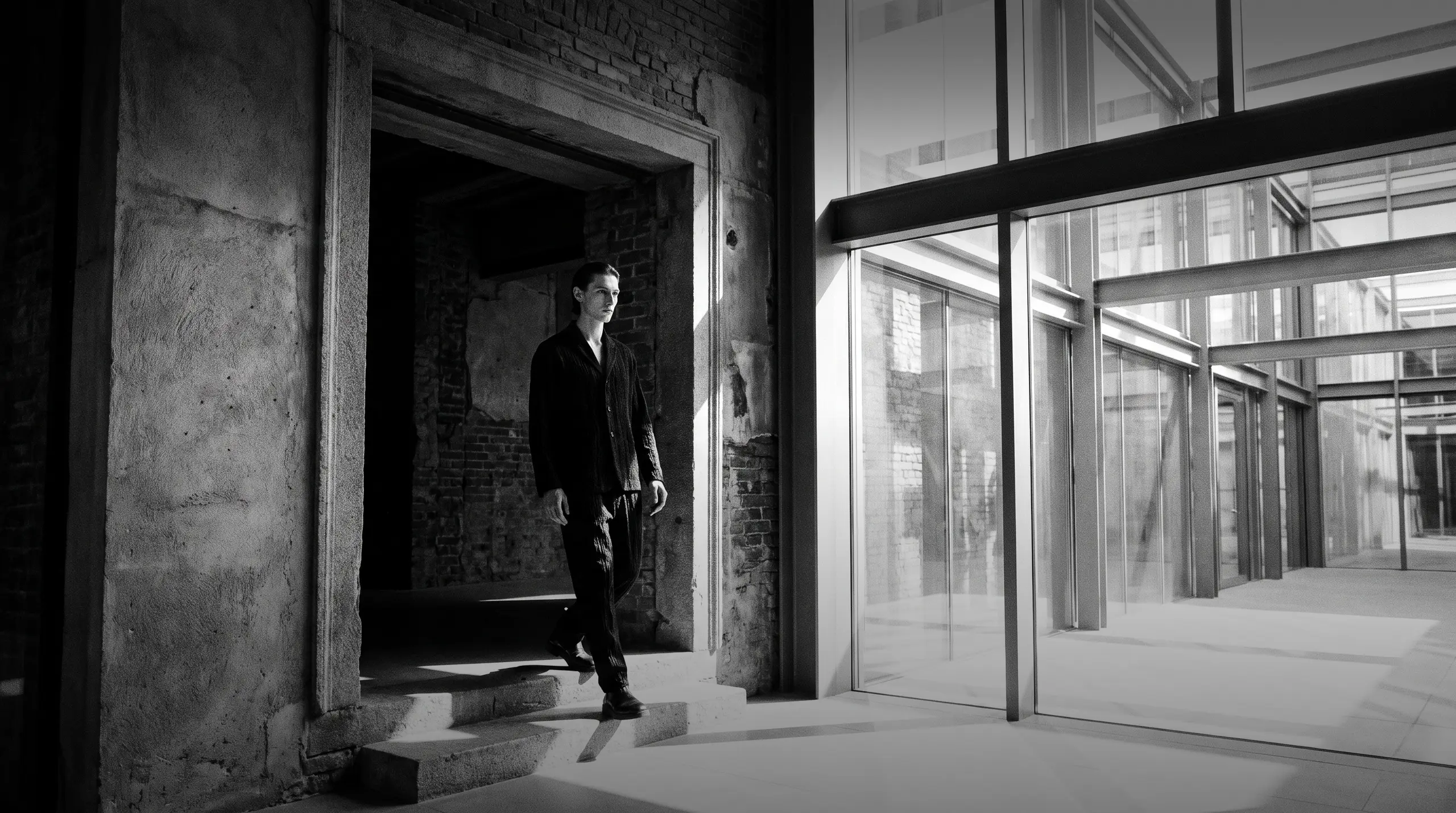 HUMAN STRUCTURES: Un homme franchit une ancienne porte en brique pour entrer dans un couloir vitré moderne, le contraste entre brique brute et architecture de verre et d'acier bien visible.