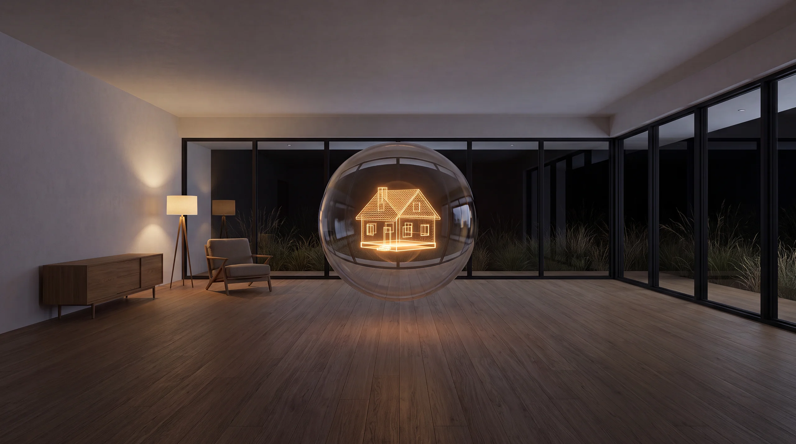 Light hologram: a wireframe house being built upward from a brightly glowing foundation slab – dim agency interior of exposed concrete and oak.