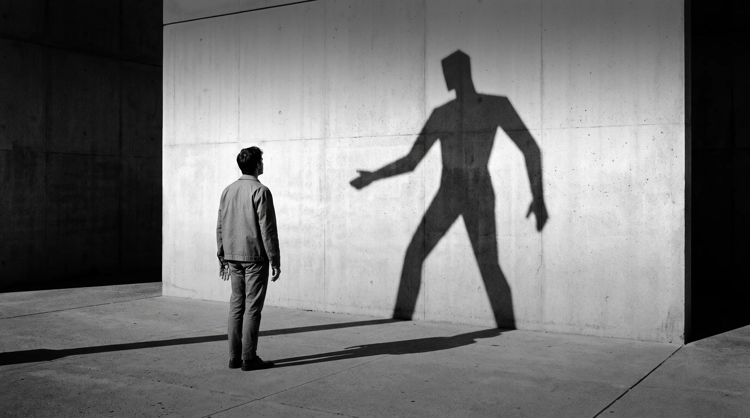 HUMAN STRUCTURES: Vu de dos, un homme regarde sa propre ombre projetée plus grande que nature sur un mur en béton, bras tendu.