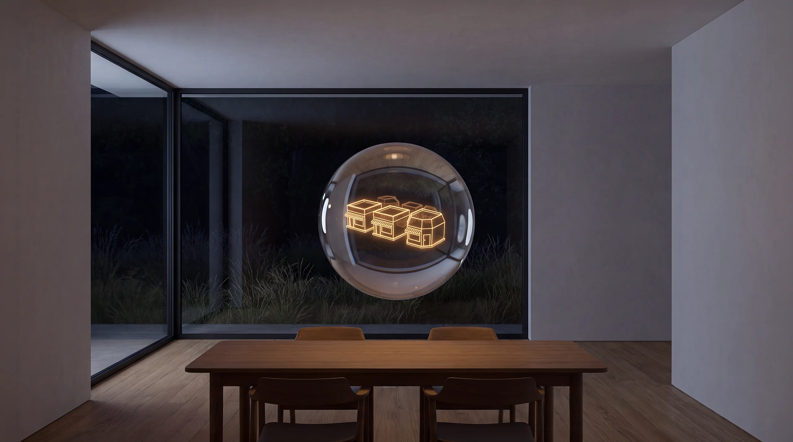 Light hologram: three identical box-shaped shops in a row and, set apart, one individually sculpted shop – dim agency interior of exposed concrete and oak.