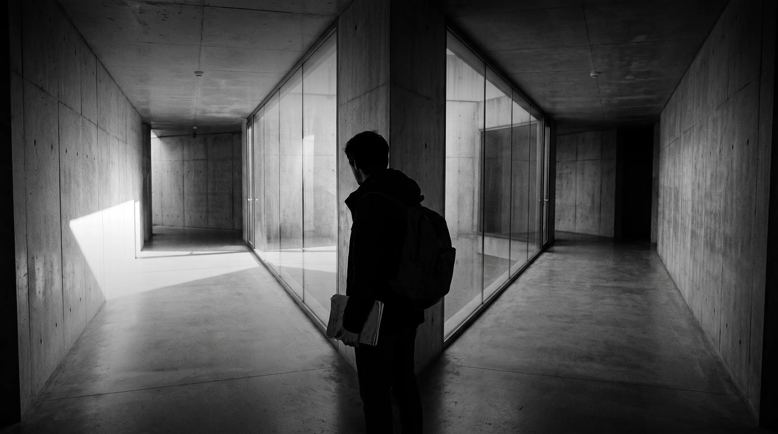 HUMAN STRUCTURES : Un homme avec un sac à dos, un dossier sous le bras, marche dans un couloir en béton sombre aux pièces vitrées, vers la lumière.