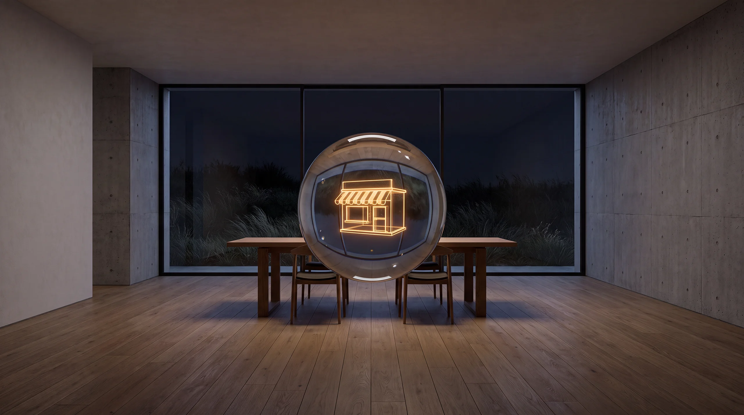 Light hologram: flat panels folding themselves into a small shop with a striped awning – dim agency interior of exposed concrete and oak.