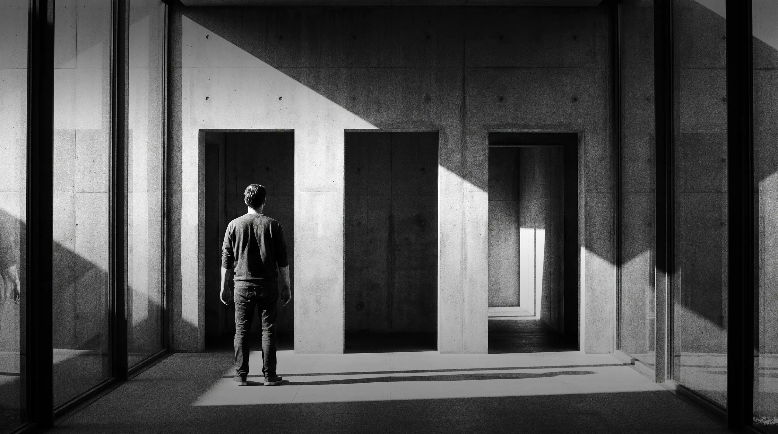 HUMAN STRUCTURES: Vu de dos, un homme se tient devant trois ouvertures sombres dans un mur de béton, comme s'il devait choisir un chemin.