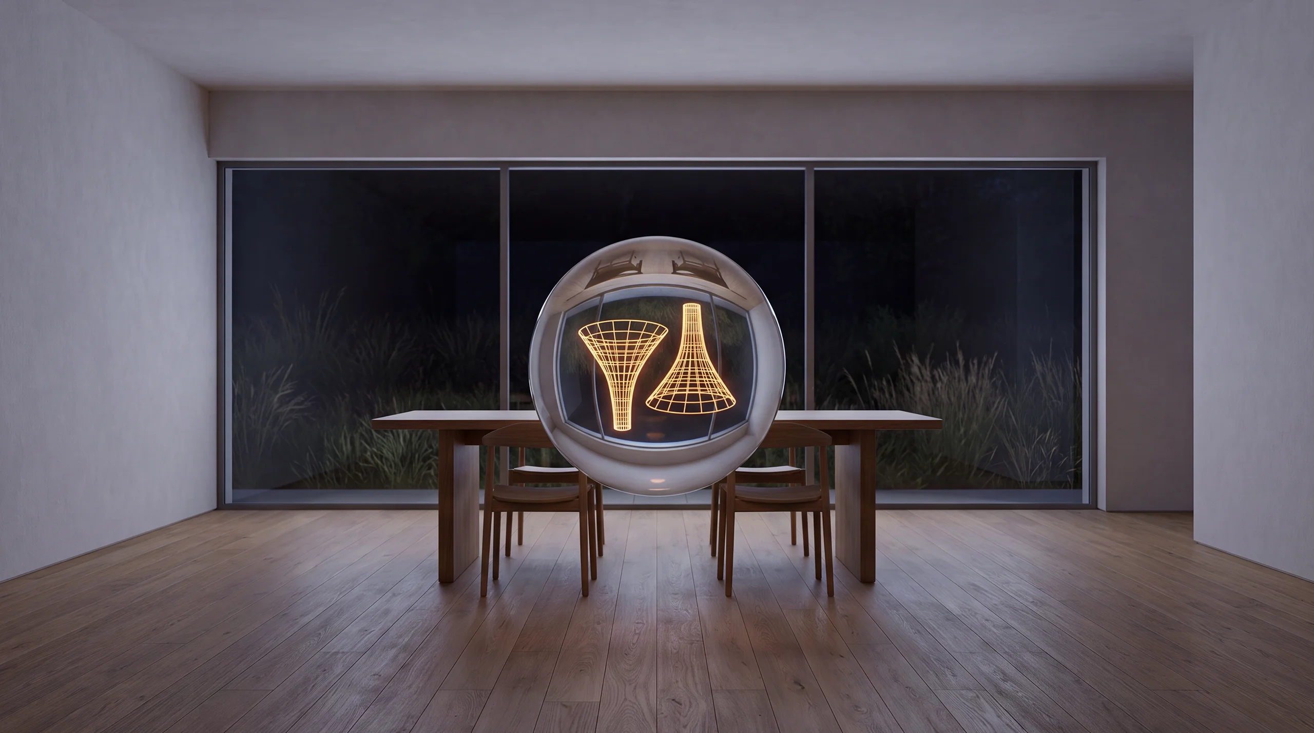 Light hologram: two funnels with clearly different shapes standing side by side – dim agency interior of exposed concrete and oak.