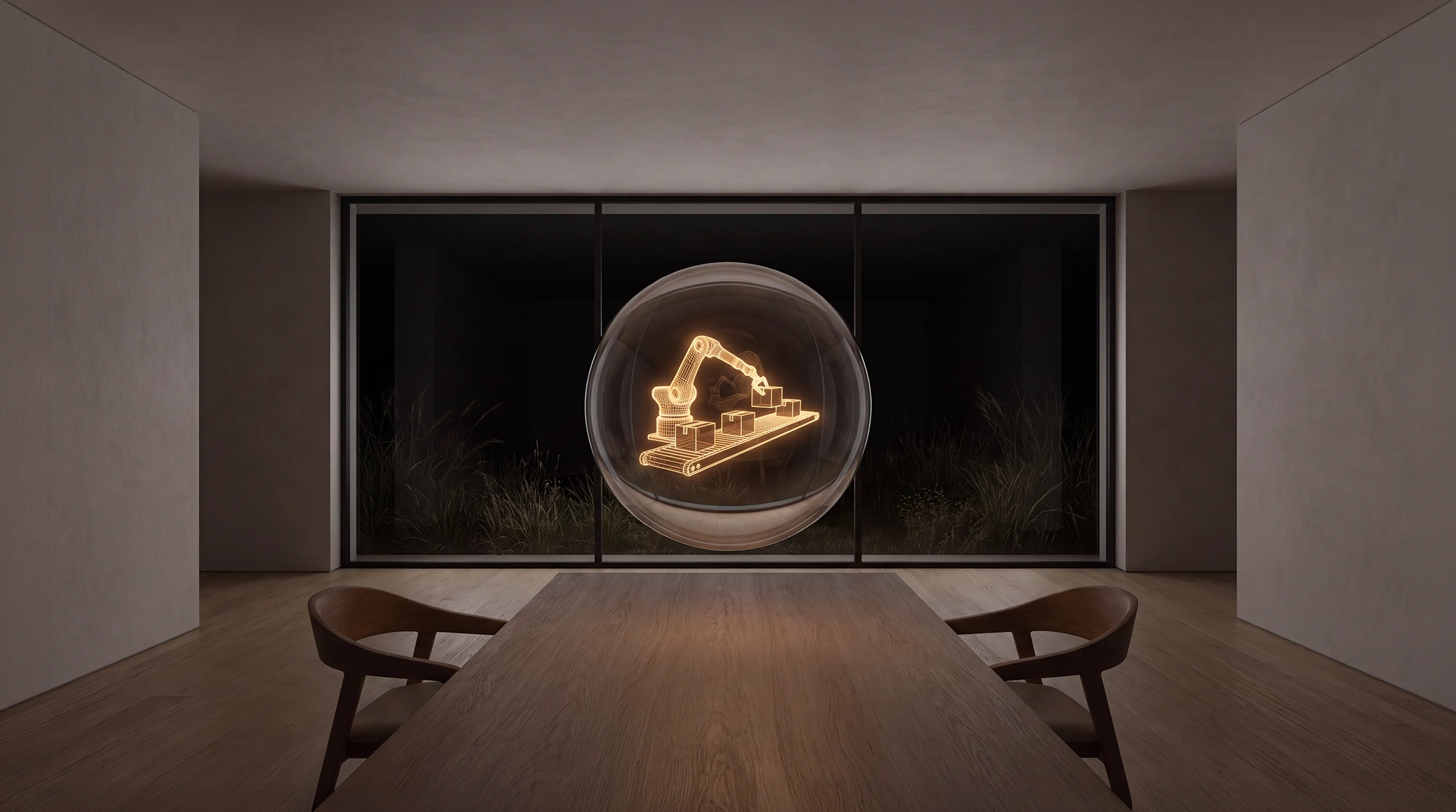 Light hologram: a robotic arm passing glowing boxes along a line – dim agency interior of exposed concrete and oak.