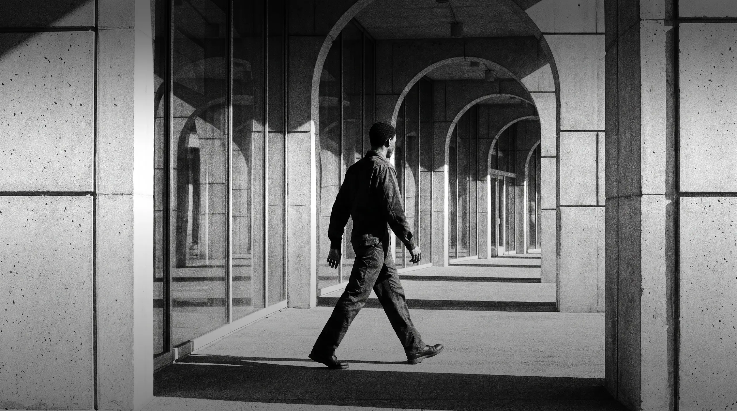 HUMAN STRUCTURES : Vu de dos, un homme traverse une colonnade d'arches en béton, leur forme répétée projetant un motif rythmique de lumière et d'ombre au sol.