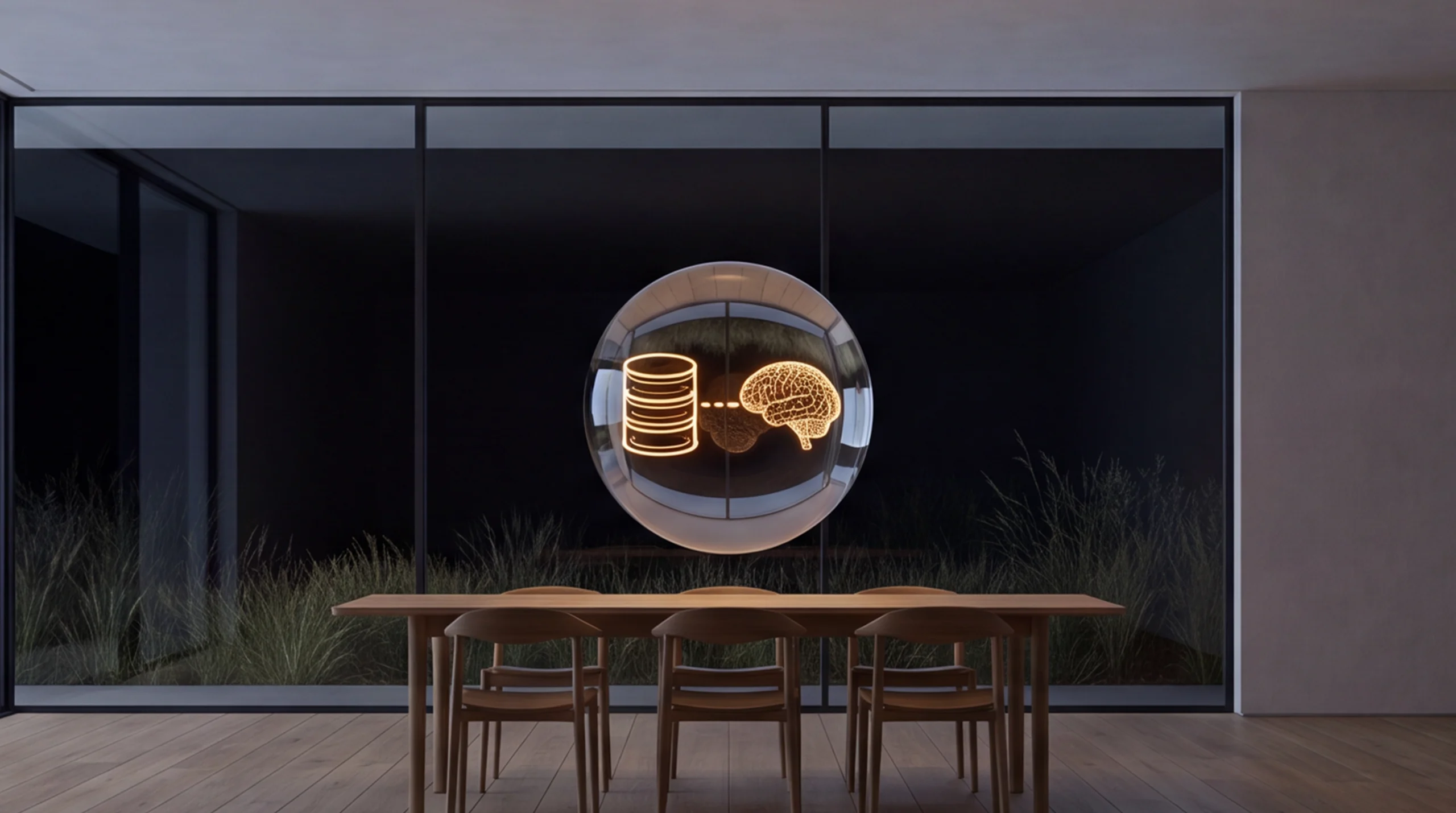 Light hologram: a database cylinder feeding a small brain through a stream of dots – dim agency interior of exposed concrete and oak.