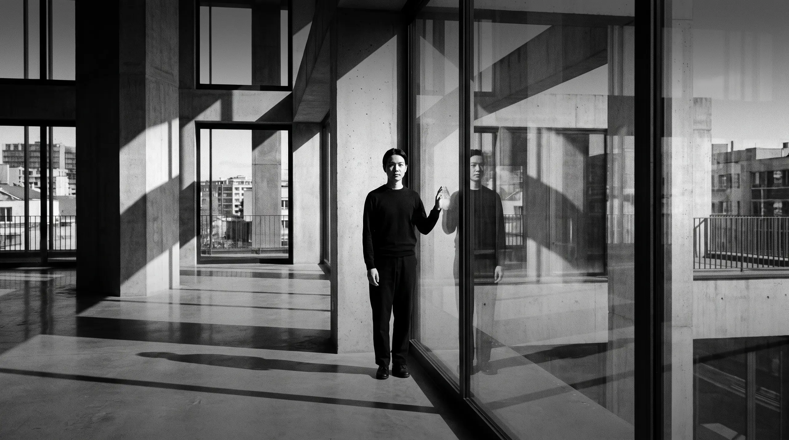 HUMAN STRUCTURES : Un homme se tient près d'une paroi vitrée, main levée comme pour la toucher, son reflet et la ville visibles derrière.