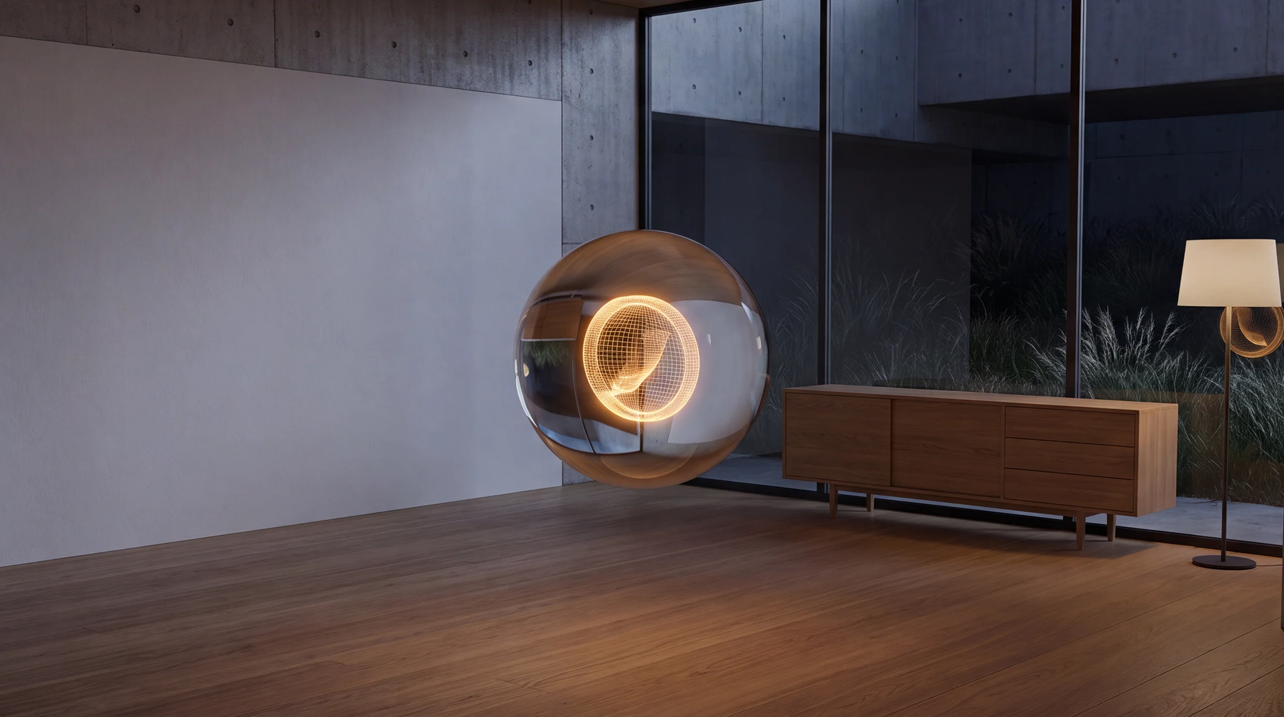 Light hologram: an emblem dissolving into drifting pixels that reform into a new, brighter emblem – dim agency interior of exposed concrete and oak.