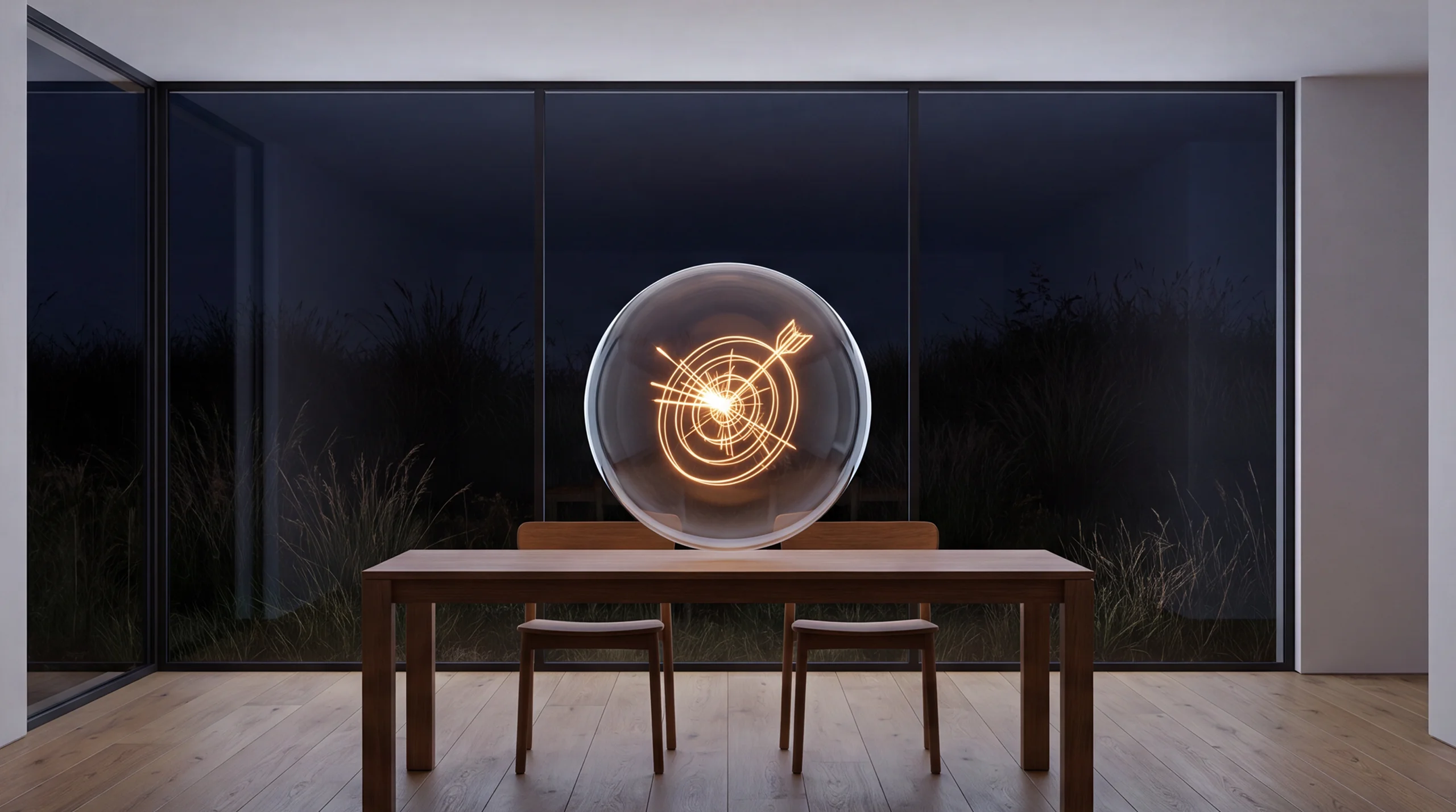 Light hologram: a target with several small sparks converging precisely into its centre – dim agency interior of exposed concrete and oak.