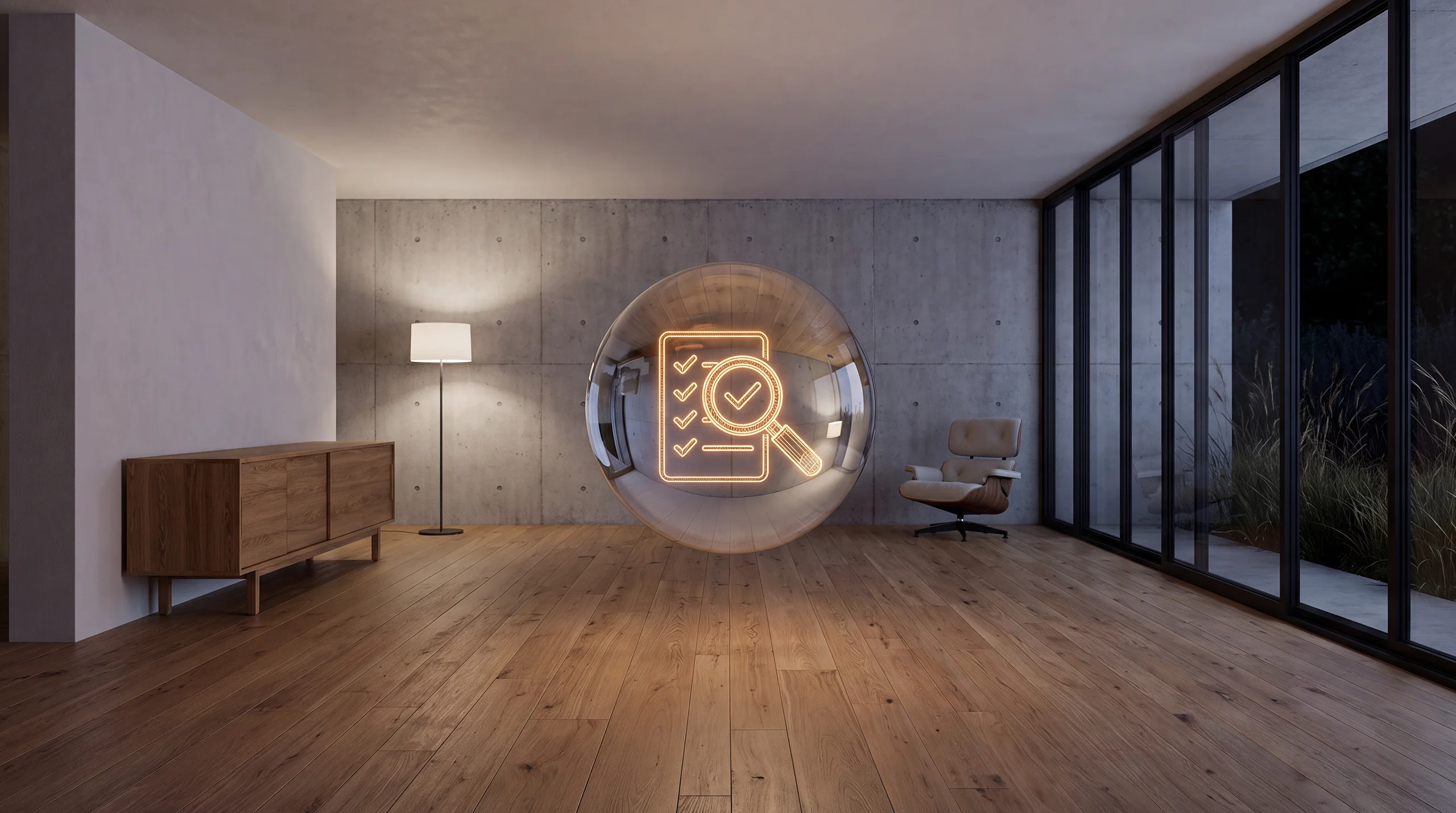 Light hologram: a magnifying glass over a glowing checklist with check marks – dim agency interior of exposed concrete and oak.
