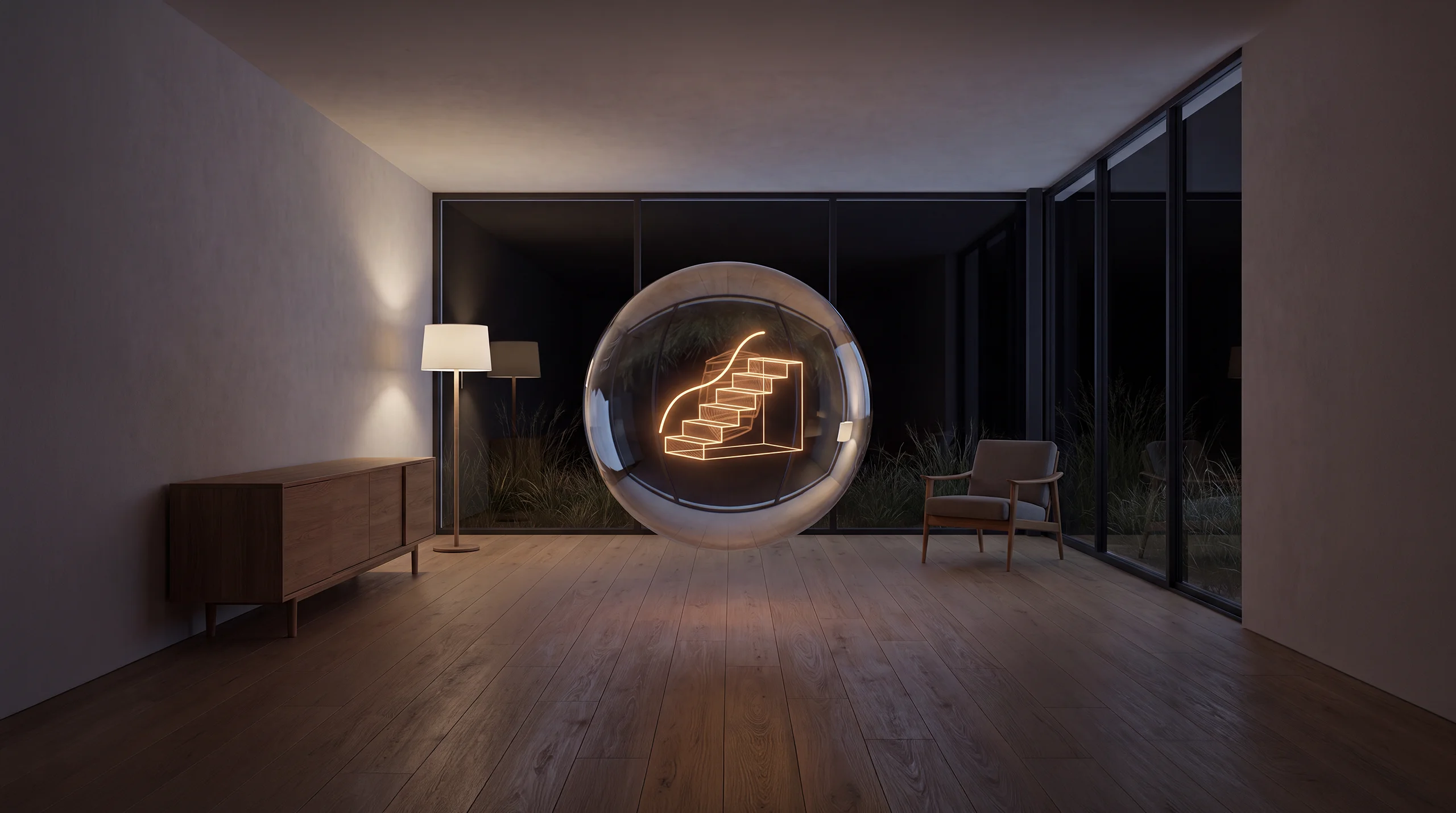 Light hologram: a staircase of six glowing steps with a curve of light climbing across them – dim agency interior of exposed concrete and oak.