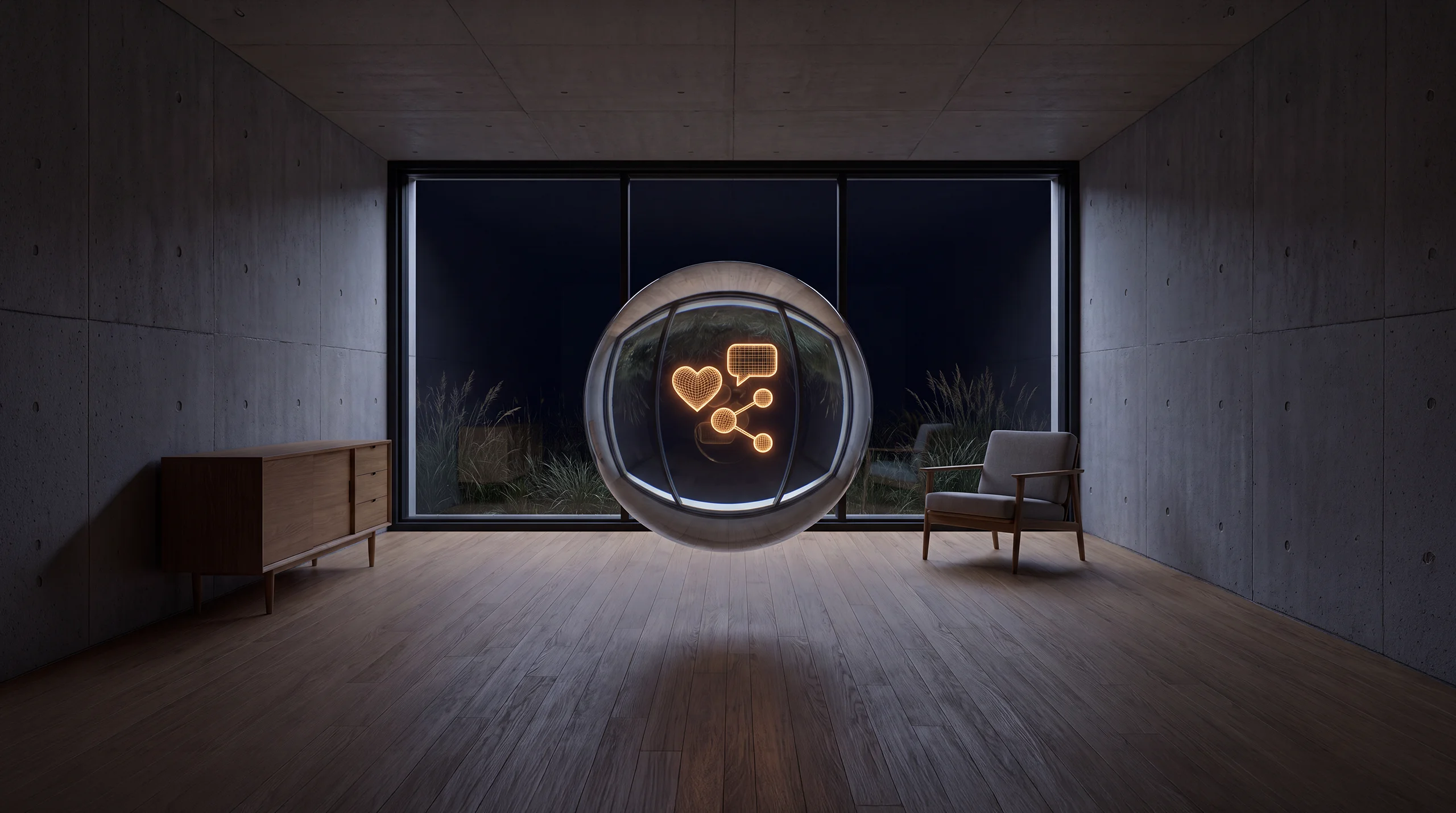 Light hologram: a floating cluster of a heart, a speech bubble and three connected share nodes – dim agency interior of exposed concrete and oak.