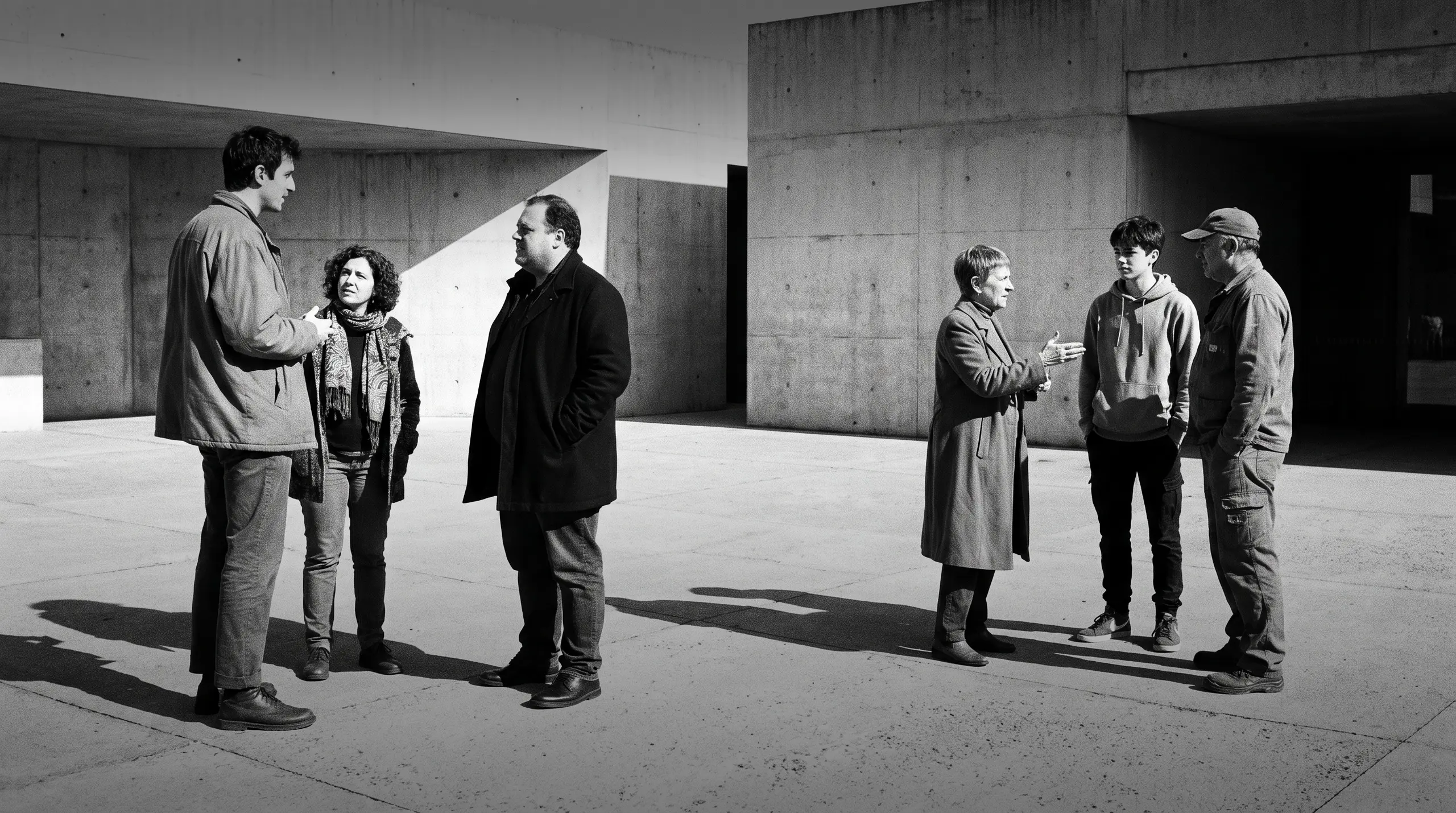 HUMAN STRUCTURES: Six personnes conversent en deux groupes distincts sur une place en béton entre deux murs de béton brut en angle.