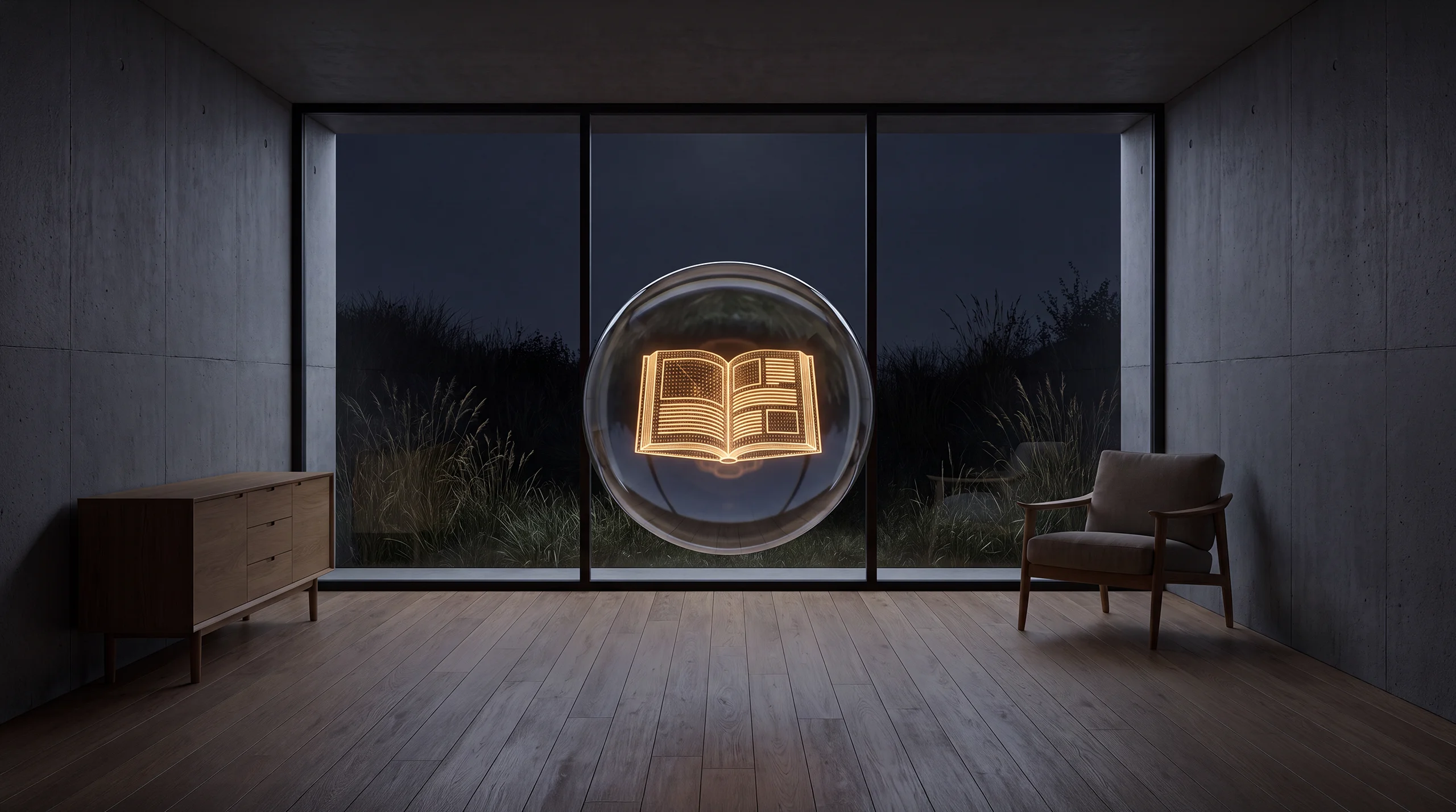 Light hologram: an open book showing glowing swatches and layout blocks – dim agency interior of exposed concrete and oak.