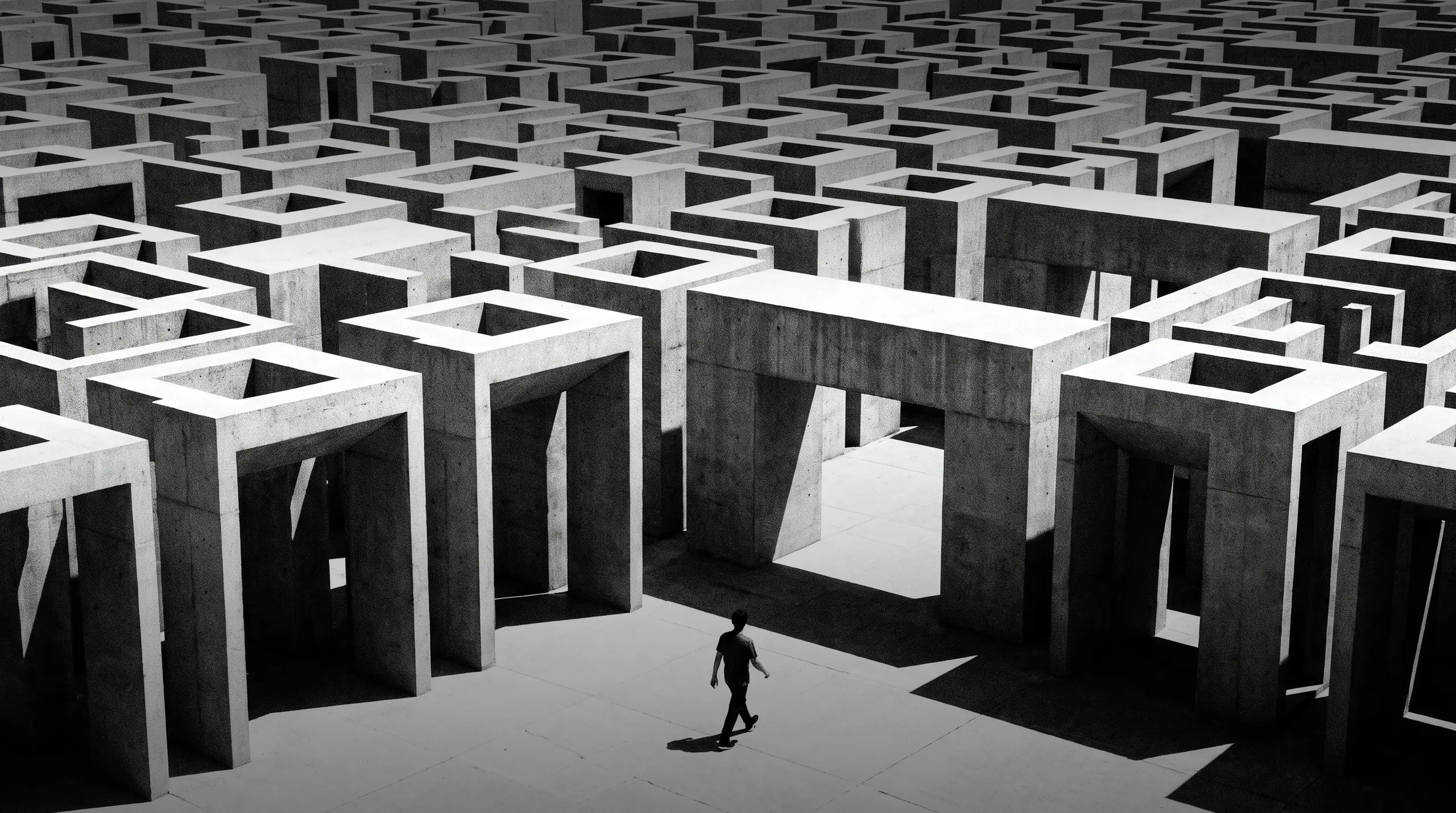 HUMAN STRUCTURES : Vu du dessus, un labyrinthe de piliers en béton cubiques forme un motif géométrique, traversé en son centre par une petite silhouette isolée.