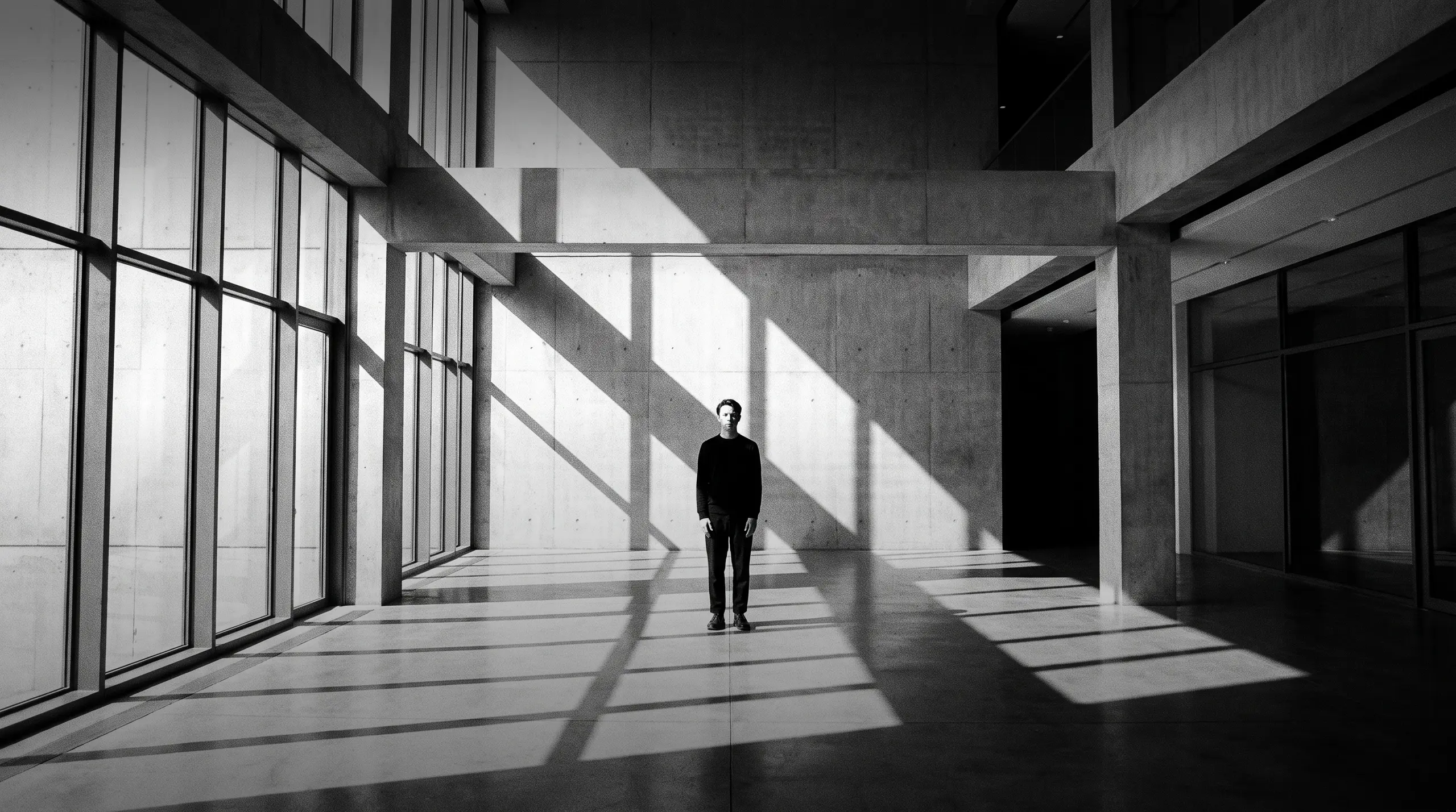 HUMAN STRUCTURES : Un homme se tient au centre d'un vaste hall en béton, tandis que de puissants rayons diagonaux découpent murs et sol en bandes.