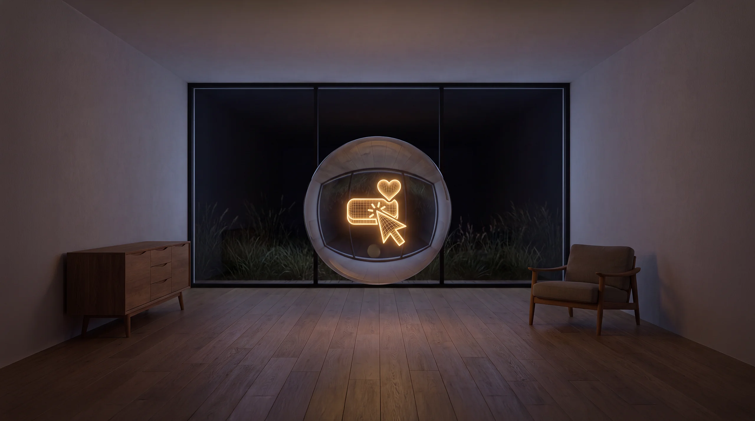 Light hologram: a cursor arrow clicking a glowing button with a small heart rising from it – dim agency interior of exposed concrete and oak.