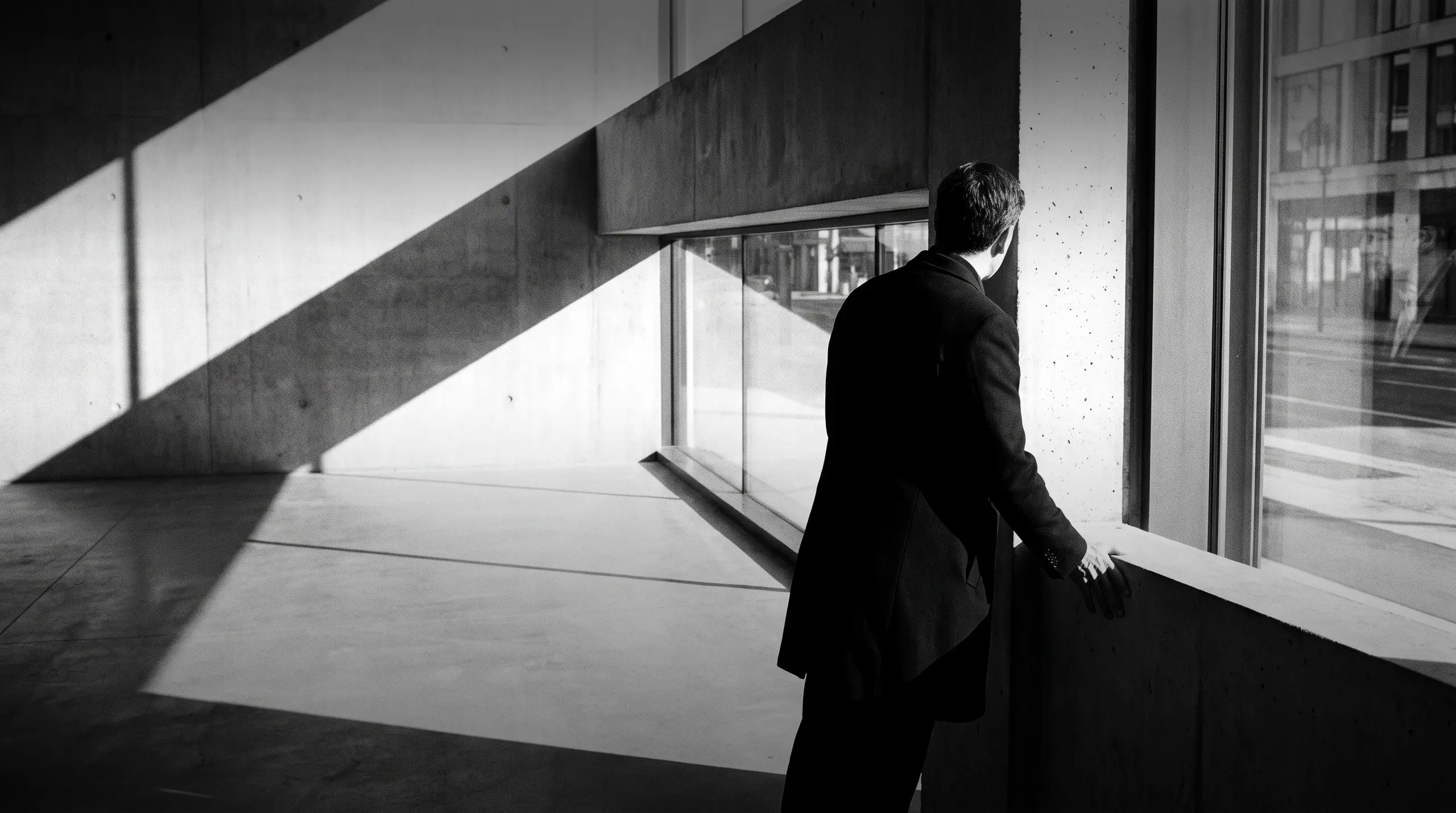 HUMAN STRUCTURES: De profil, un homme regarde à travers une vitre vers l'intérieur du bâtiment, une main posée sur le rebord en béton sous une lumière rasante.