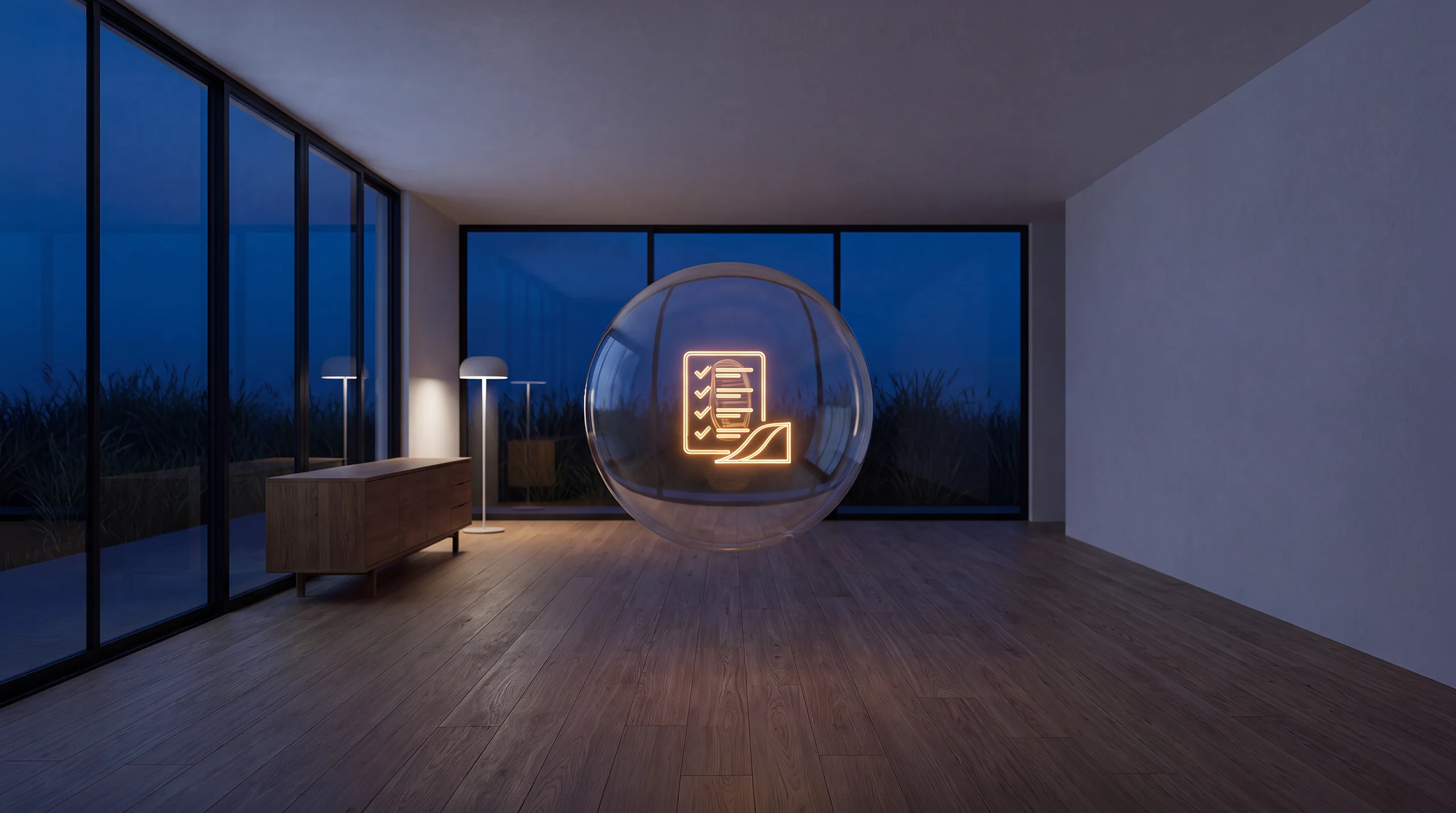 Light hologram: a checklist with luminous check marks beside a small ramp – dim agency interior of exposed concrete and oak.