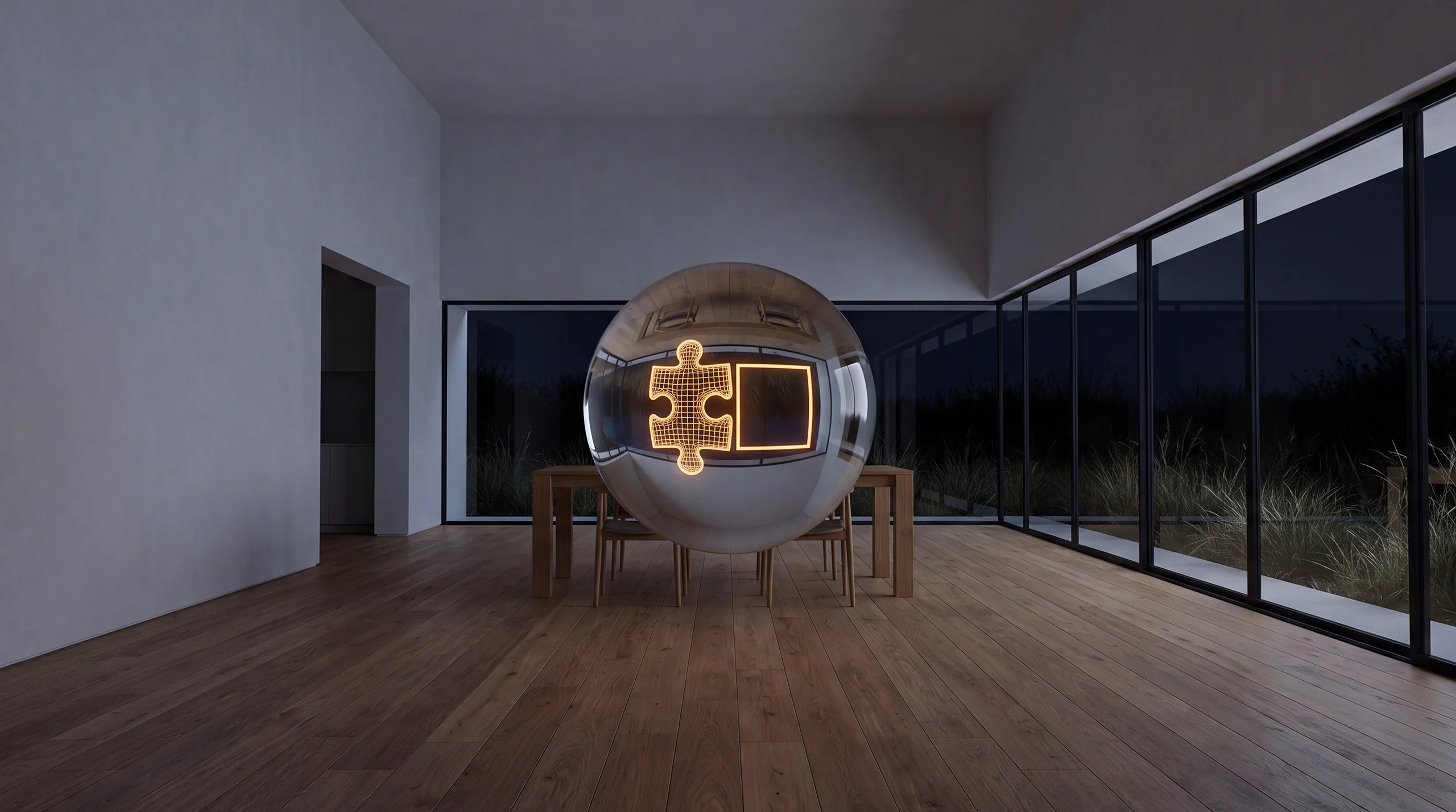 Light hologram: a jigsaw puzzle piece floating precisely into its matching gap while a plain rigid square lies beside – dim agency interior of exposed concrete and oak.