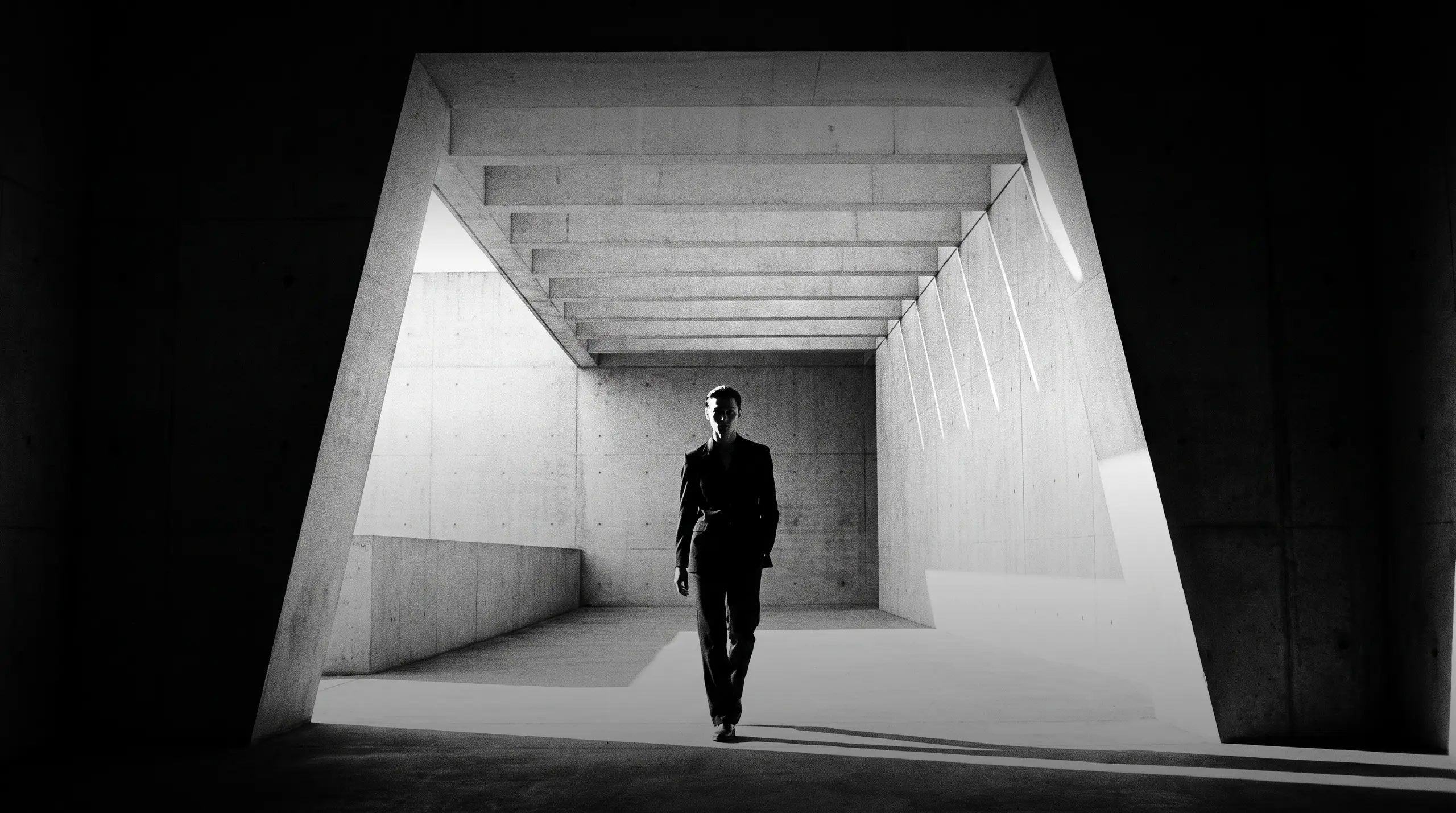 HUMAN STRUCTURES: Une silhouette en costume marche face à l'objectif dans un tunnel de béton en entonnoir, aux poutres côtelées et fines fentes lumineuses.