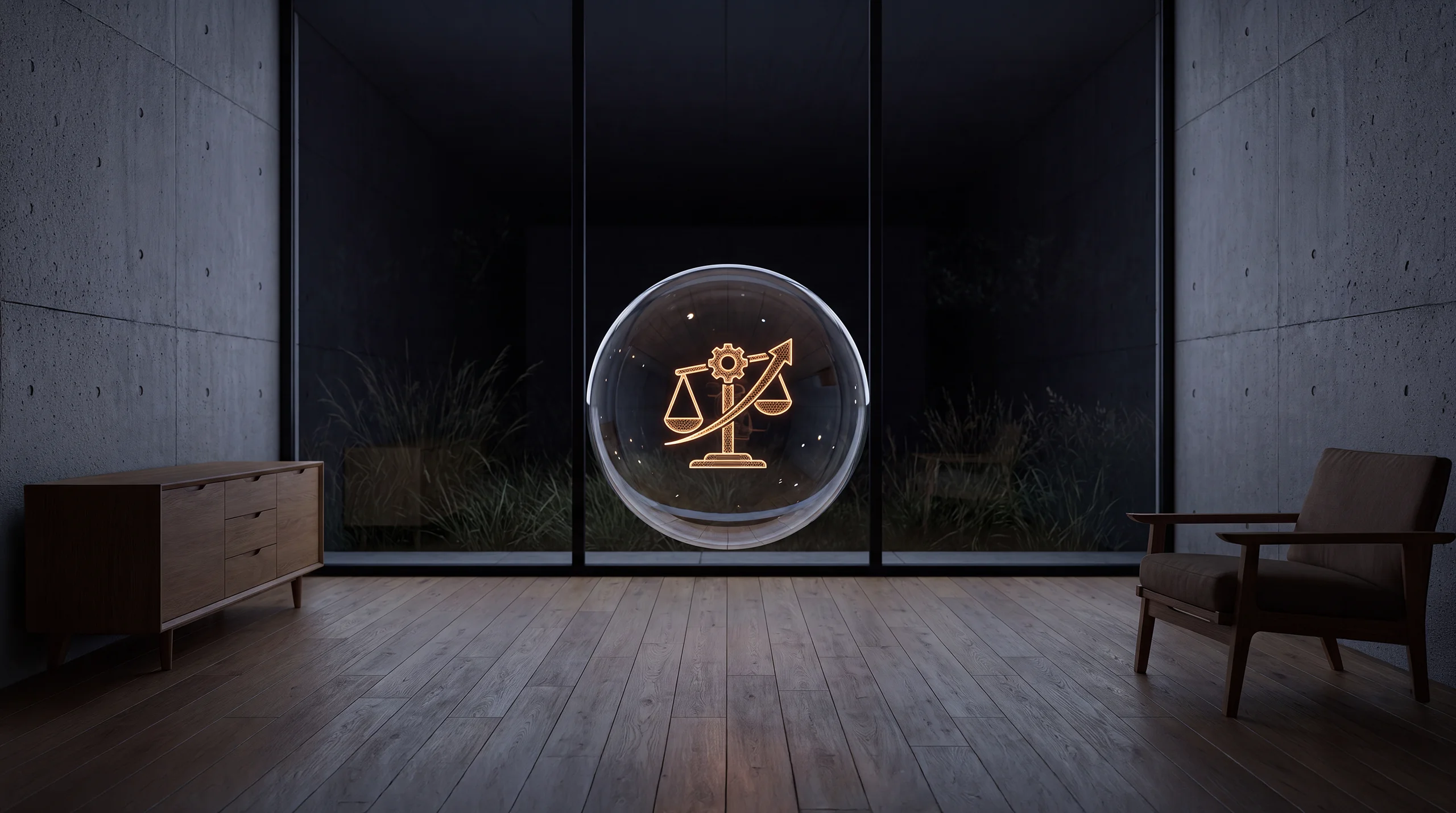 Light hologram: a balance scale with a gear on one pan and a steeply rising curve on the other – dim agency interior of exposed concrete and oak.