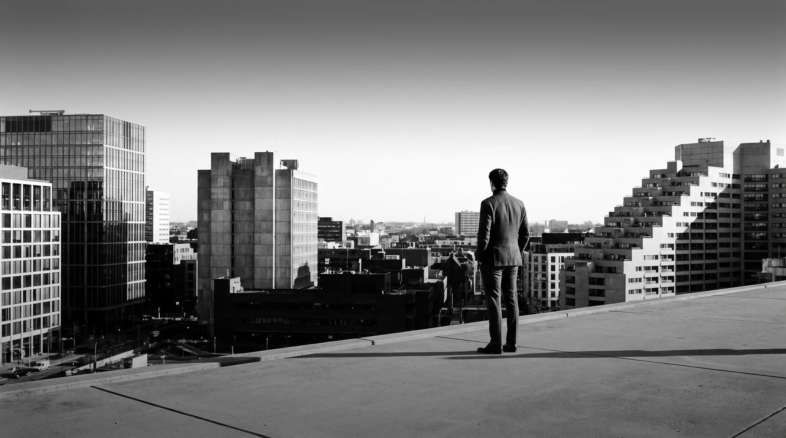 HUMAN STRUCTURES : Vu de dos, un homme se tient au bord du toit d'un immeuble, contemplant une skyline mêlant tours vitrées et bâtiments anciens.